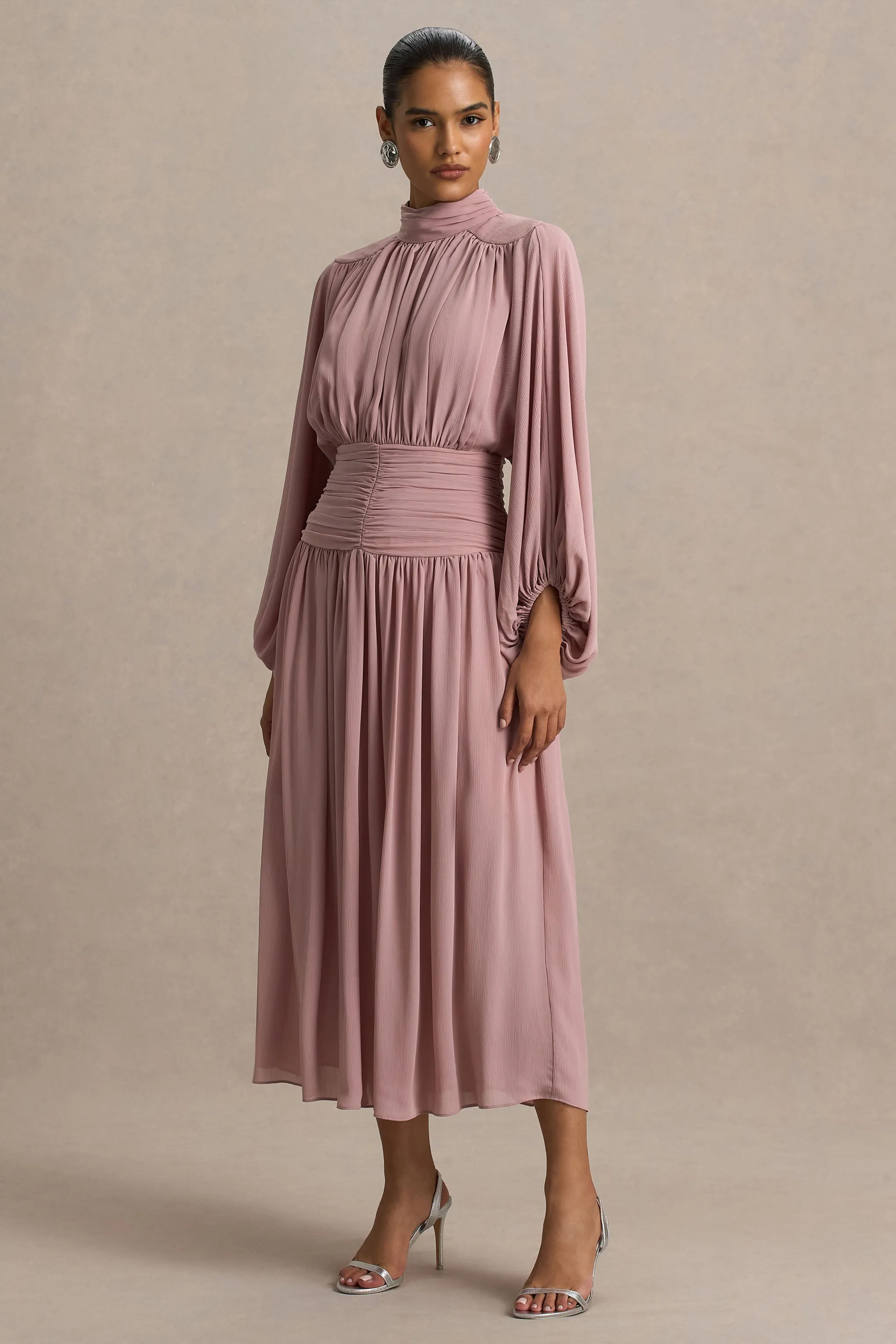 Annabel | Dusty Pink High-Neck Midi Dress With Drop-Waist And Pleated Detailing sold by Club L London product image thumbnail 4
