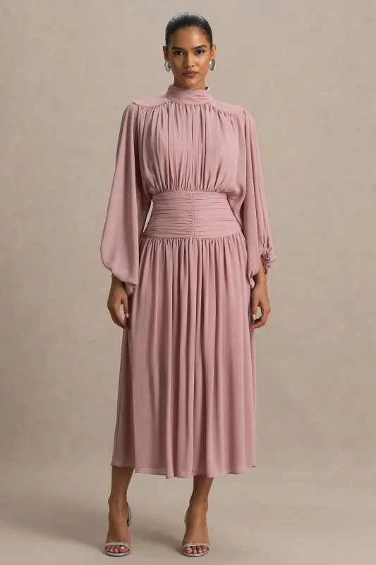 Annabel | Dusty Pink High-Neck Midi Dress With Drop-Waist And Pleated Detailing sold by Club L London