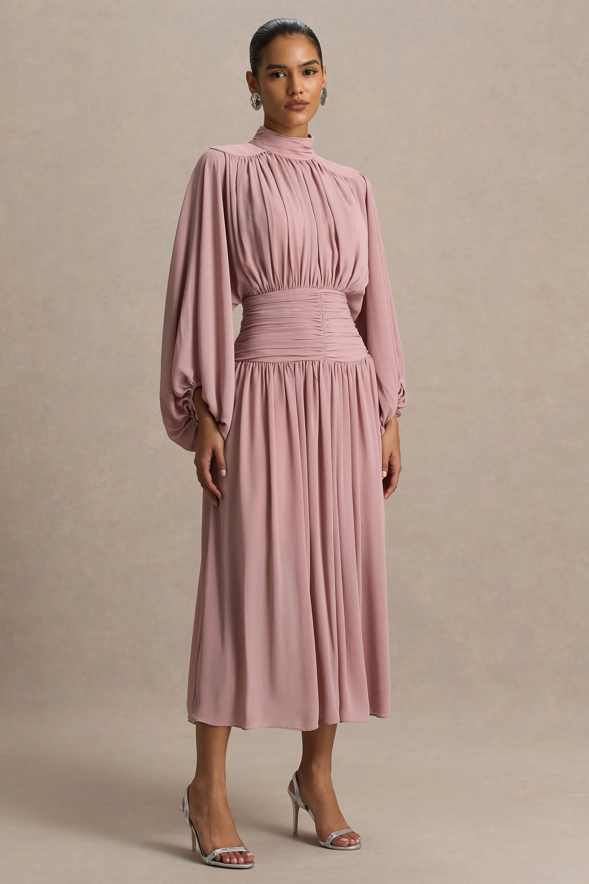 Annabel | Dusty Pink High-Neck Midi Dress With Drop-Waist And Pleated Detailing sold by Club L London product image thumbnail 5