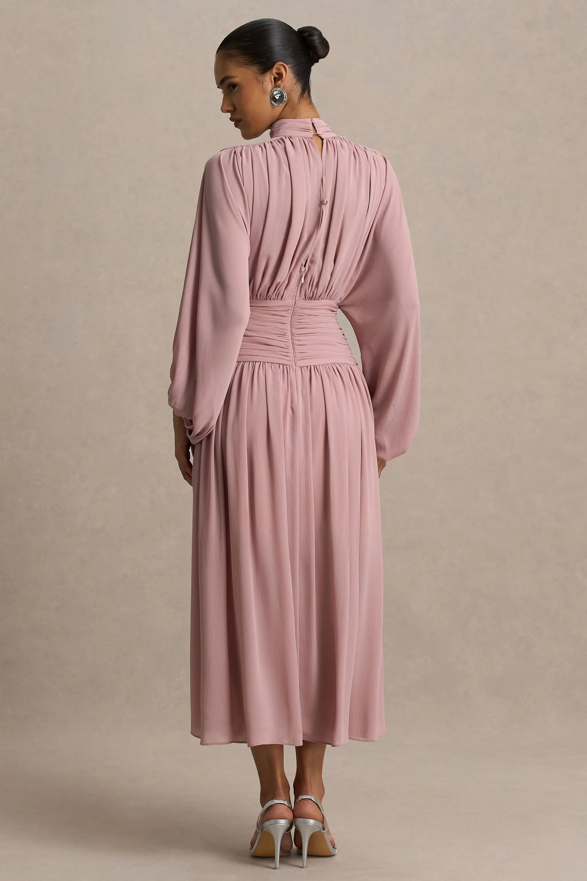 Annabel | Dusty Pink High-Neck Midi Dress With Drop-Waist And Pleated Detailing sold by Club L London product image thumbnail 2