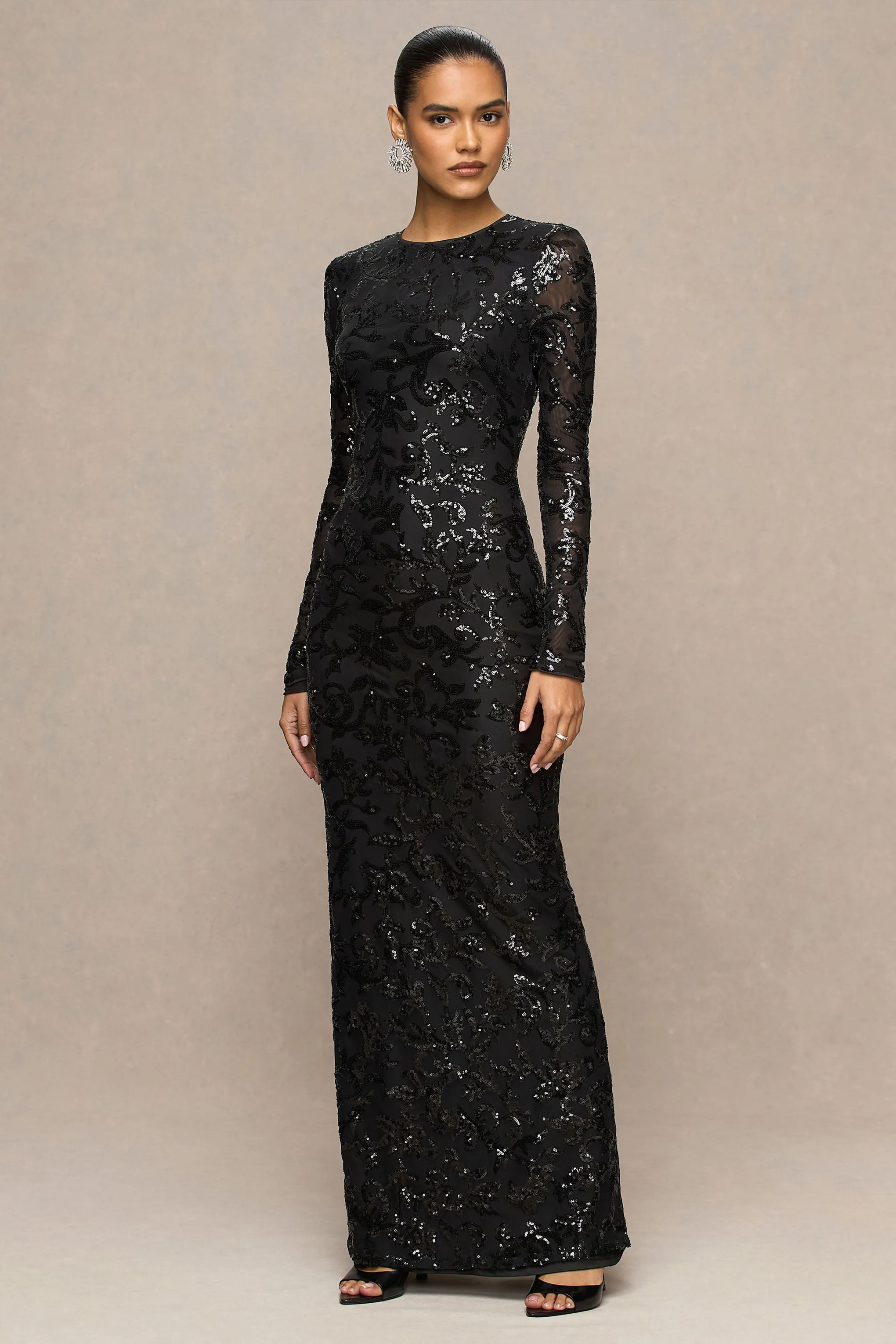 Stellar | Black Embellished Lace High-Neck Maxi Dress With Long Sleeves sold by Club L London product image thumbnail 4