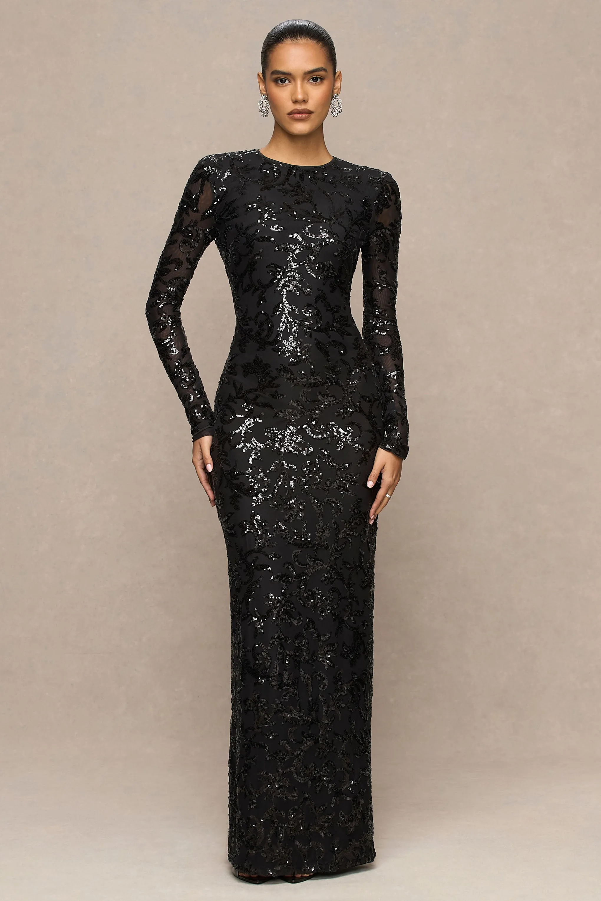 Stellar | Black Embellished Lace High-Neck Maxi Dress With Long Sleeves sold by Club L London