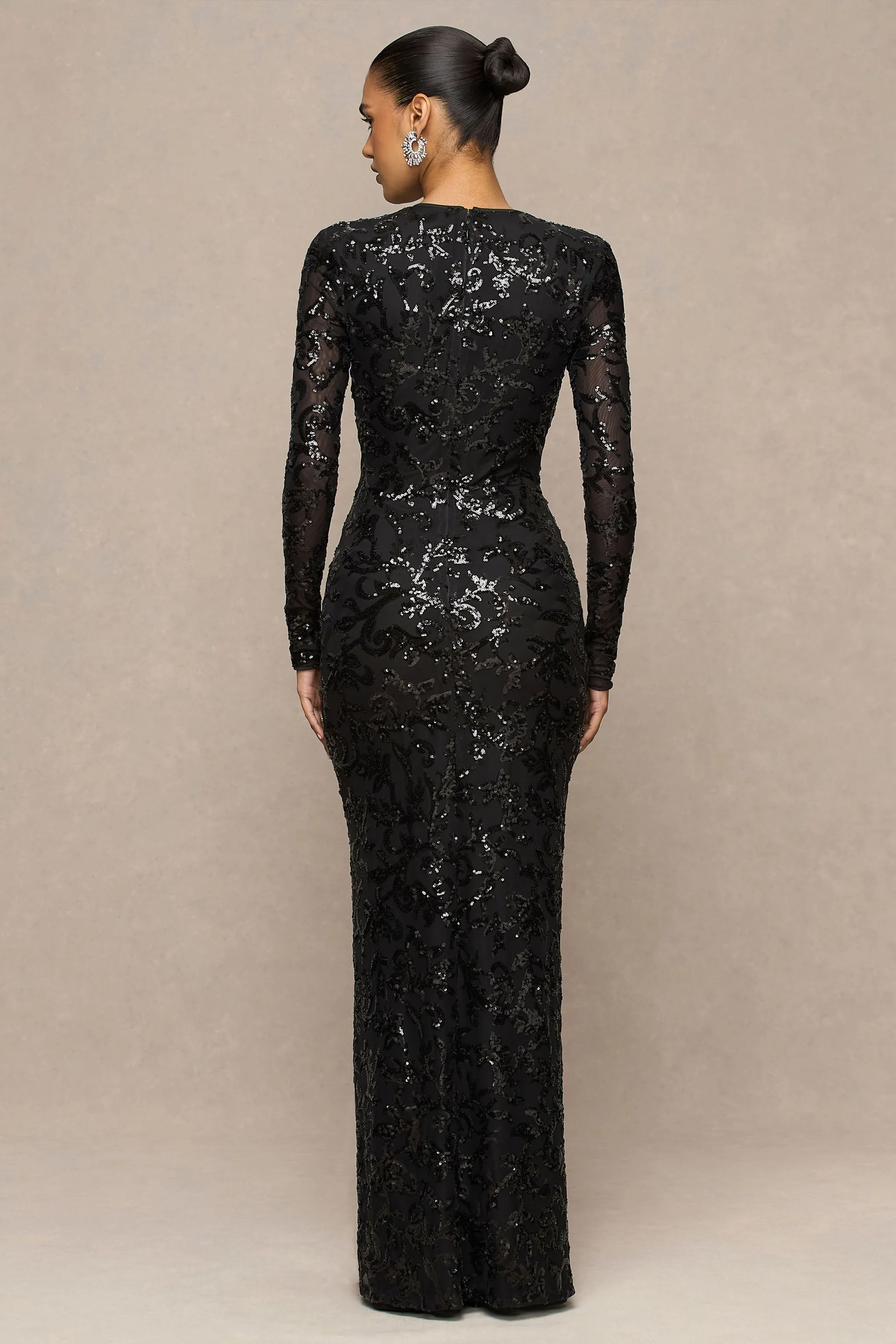 Stellar | Black Embellished Lace High-Neck Maxi Dress With Long Sleeves sold by Club L London product image thumbnail 2