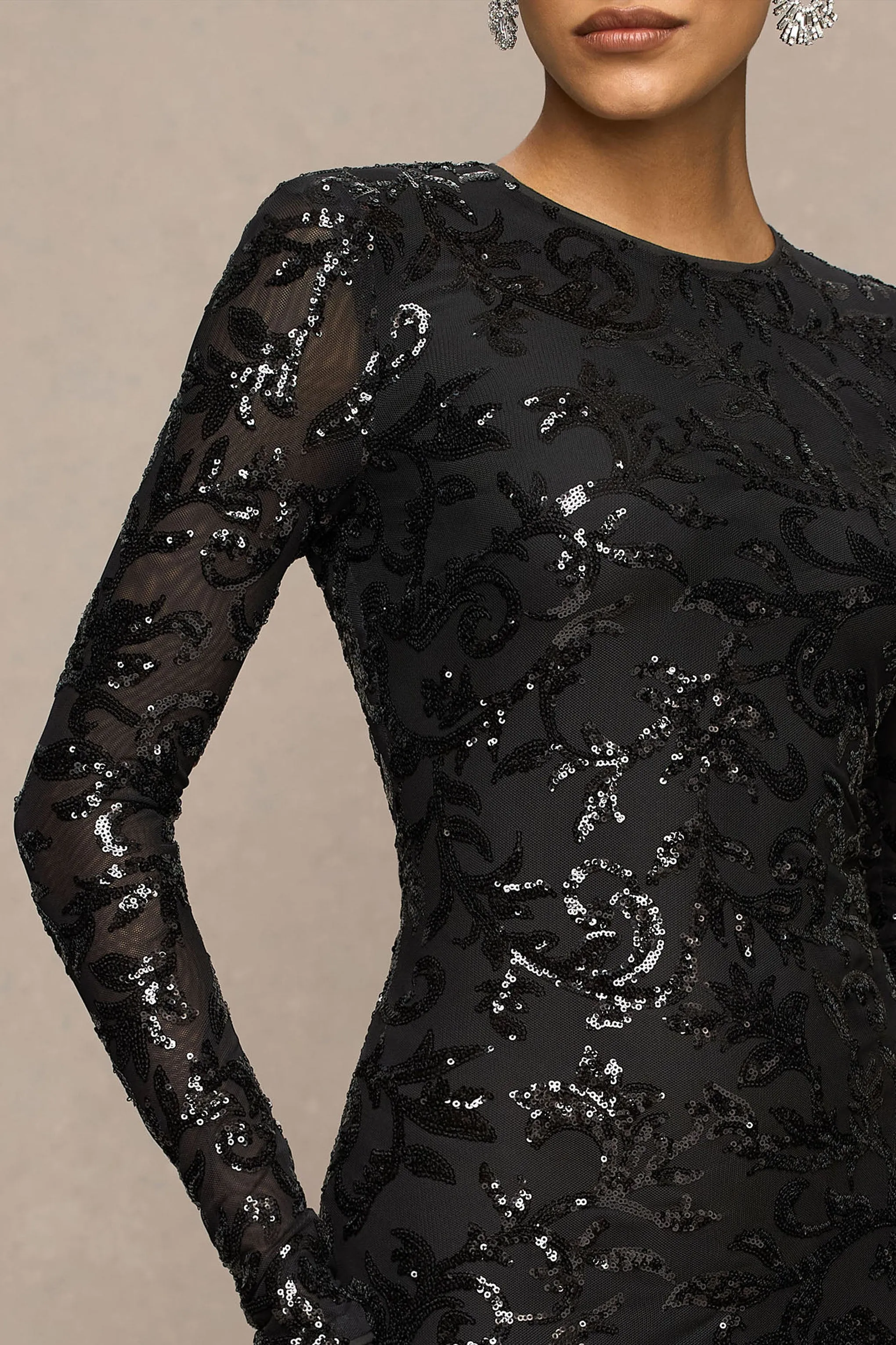 Stellar | Black Embellished Lace High-Neck Maxi Dress With Long Sleeves sold by Club L London product image thumbnail 3