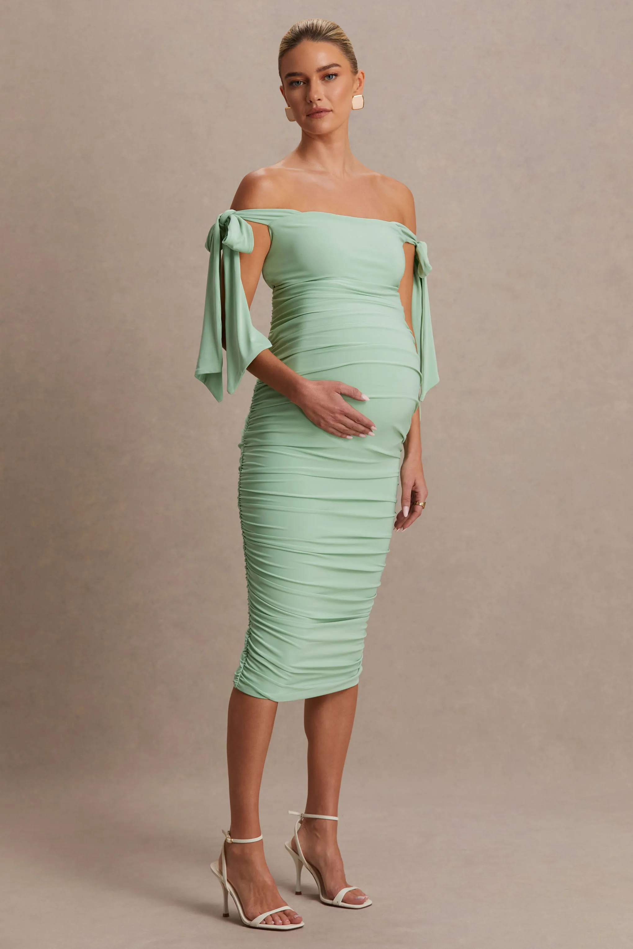 Chandelier | Light Green Bardot Maternity Midi Dress With Bow Details sold by Club L London product image thumbnail 5