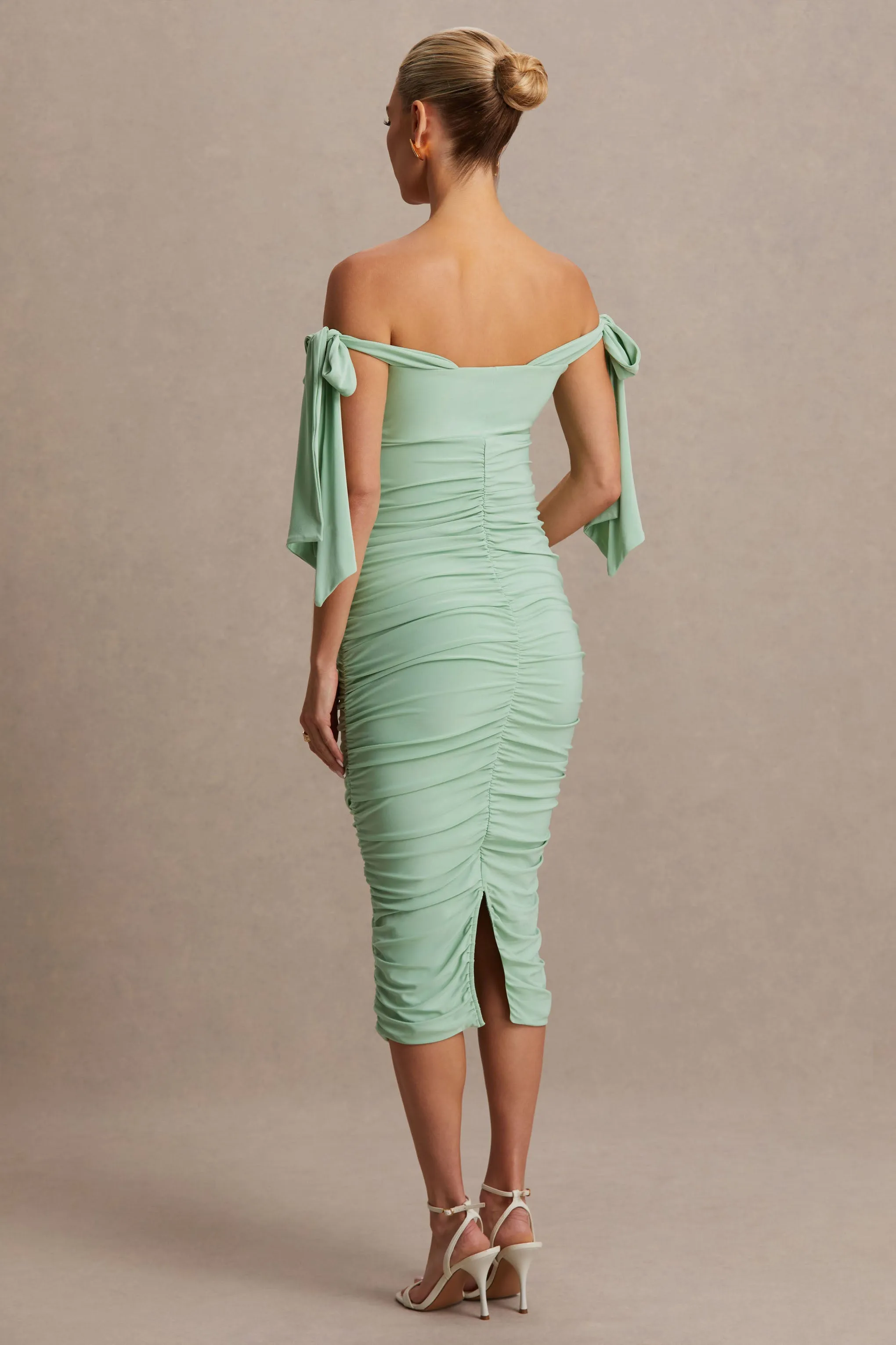 Chandelier | Light Green Bardot Maternity Midi Dress With Bow Details sold by Club L London product image thumbnail 2