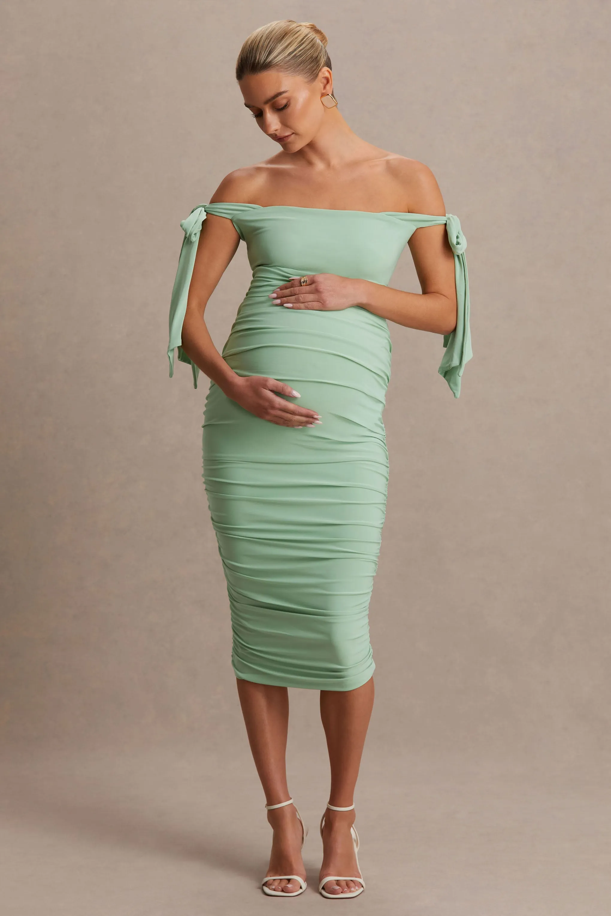 Chandelier | Light Green Bardot Maternity Midi Dress With Bow Details sold by Club L London product image thumbnail 4