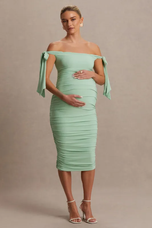 Chandelier | Light Green Bardot Maternity Midi Dress With Bow Details sold by Club L London