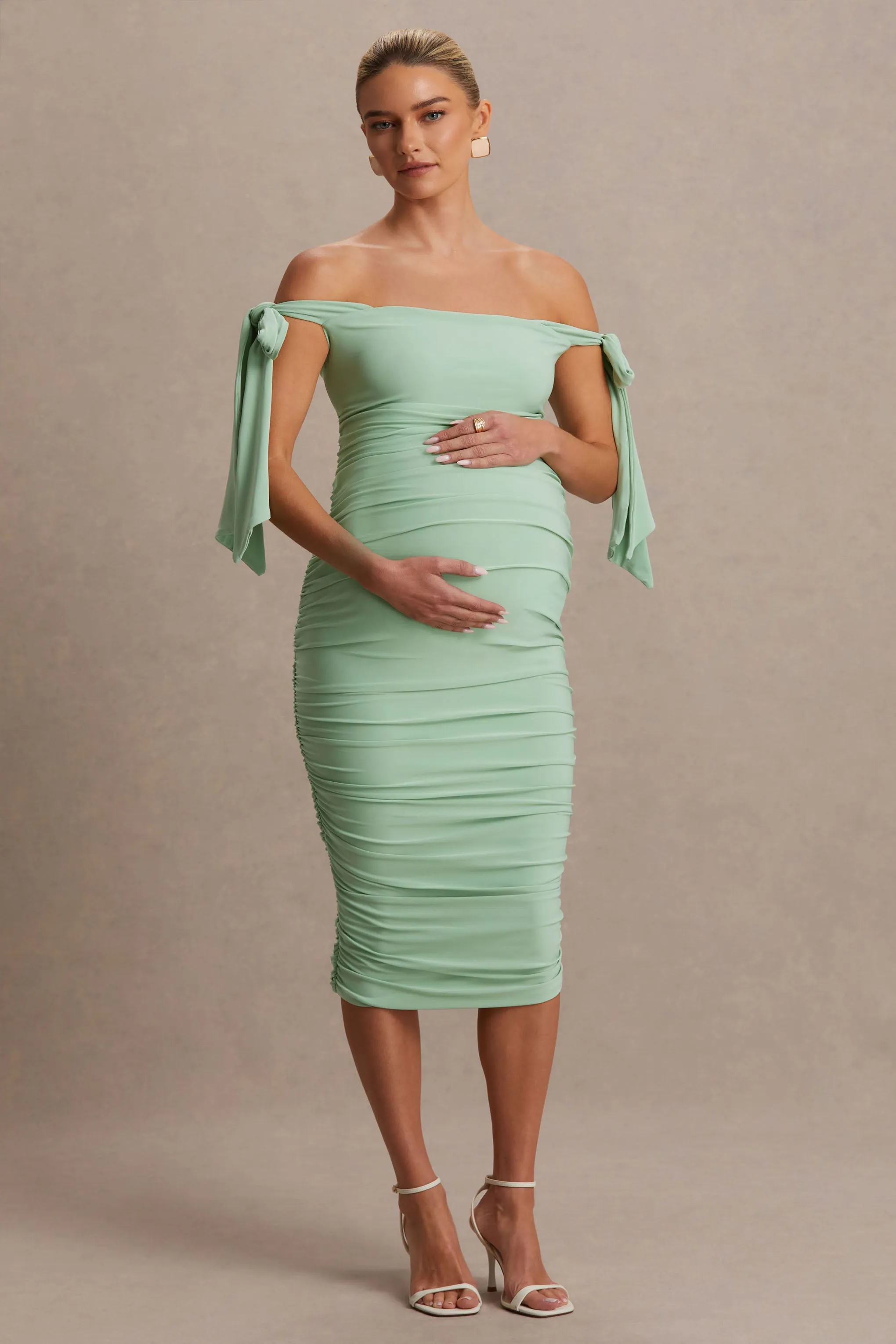 Chandelier | Light Green Bardot Maternity Midi Dress With Bow Details sold by Club L London