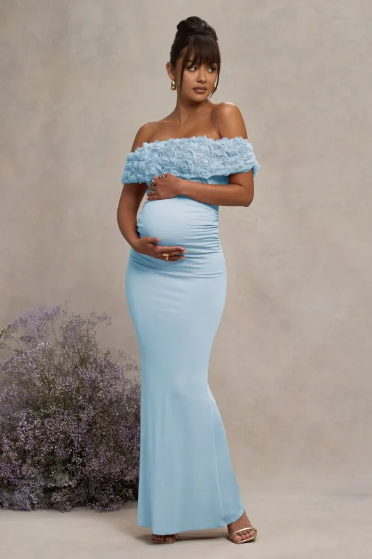Inflorescence | Powder Blue Mesh Floral Bardot Maternity Maxi Dress sold by Club L London