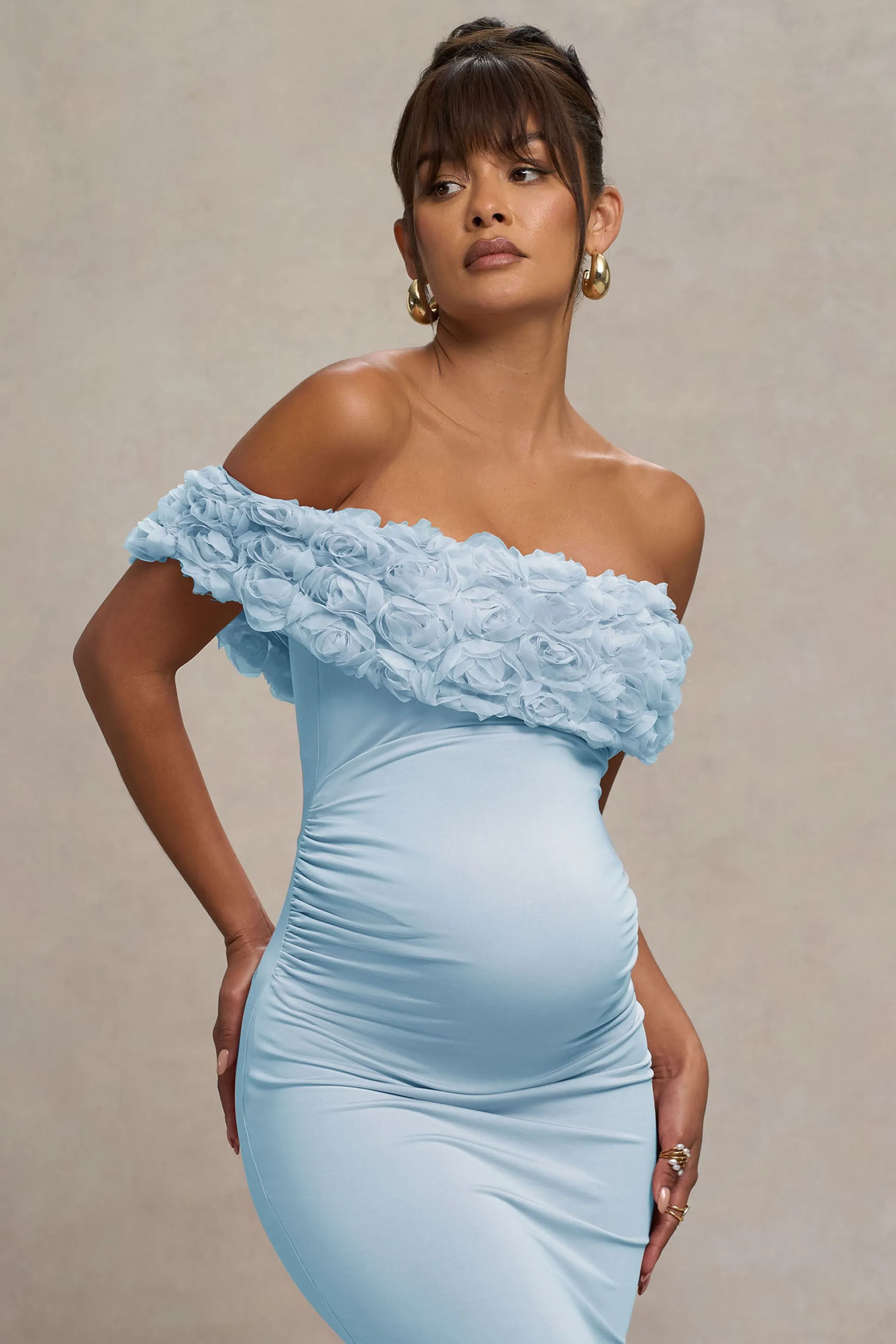 Inflorescence | Powder Blue Mesh Floral Bardot Maternity Maxi Dress sold by Club L London product image thumbnail 3