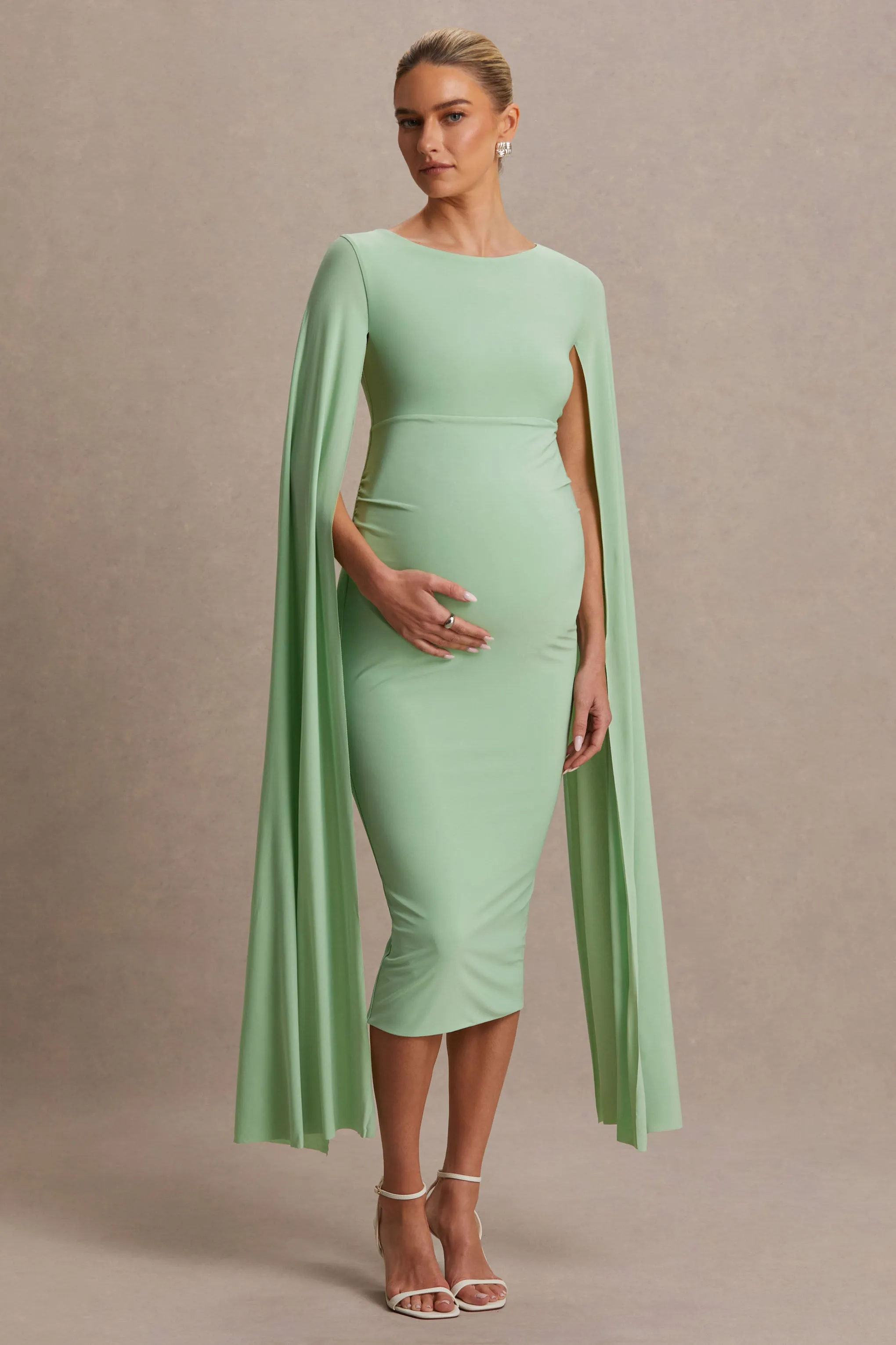 Providence | Light Green High-Neck Maternity Midi Dress With Cape Sleeves sold by Club L London product image thumbnail 4