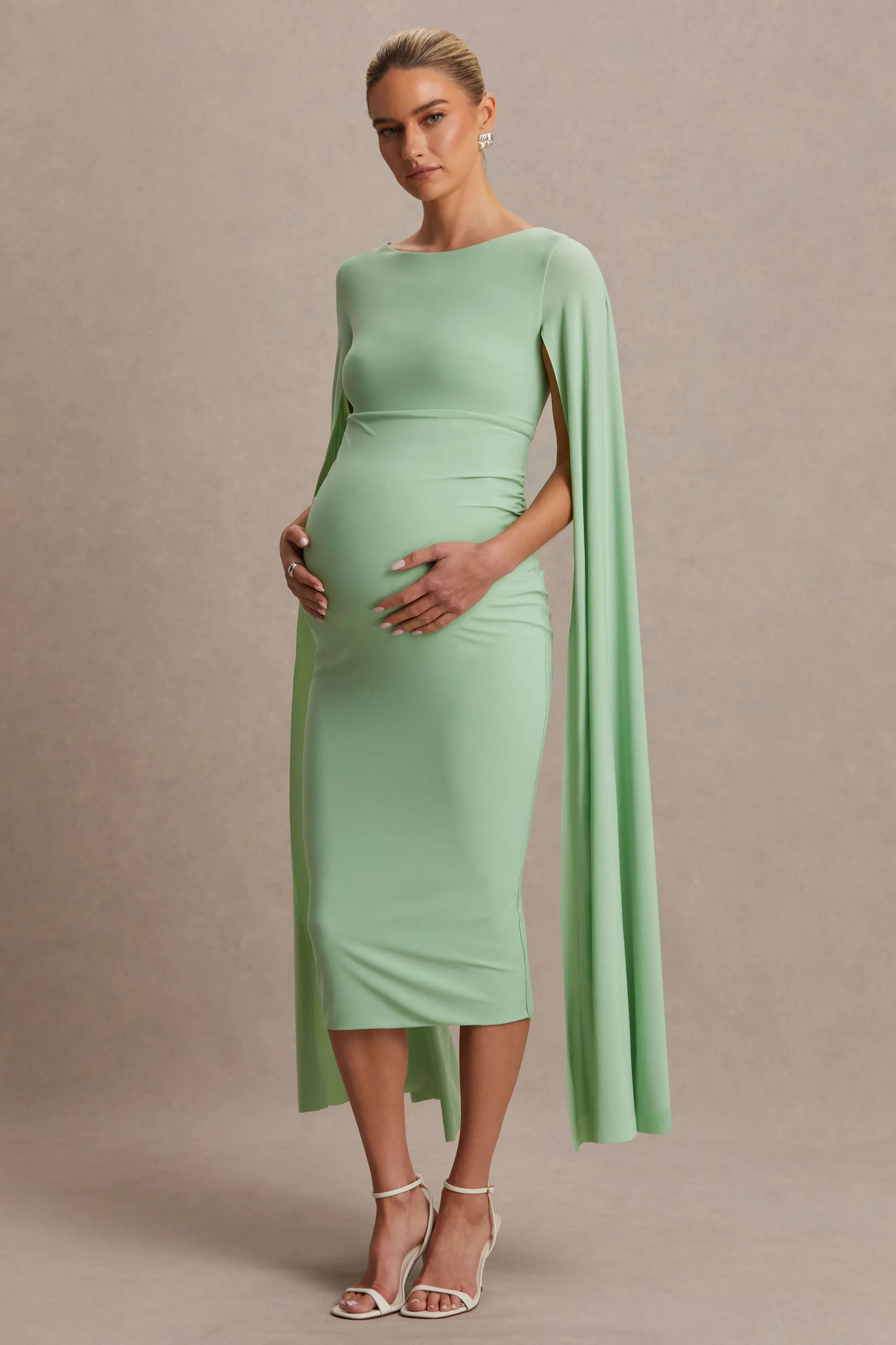 Providence | Light Green High-Neck Maternity Midi Dress With Cape Sleeves sold by Club L London