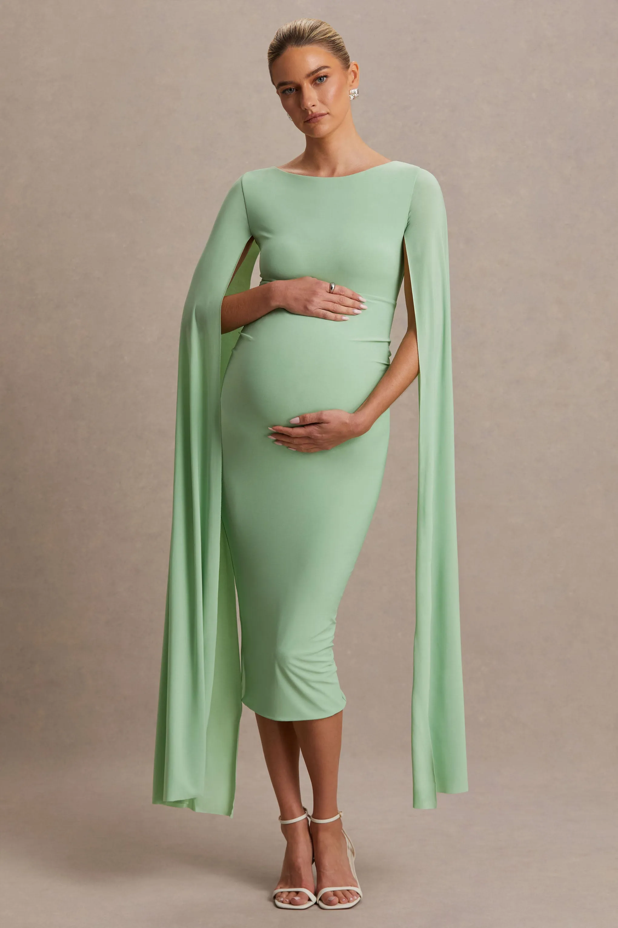 Providence | Light Green High-Neck Maternity Midi Dress With Cape Sleeves sold by Club L London product image thumbnail 5