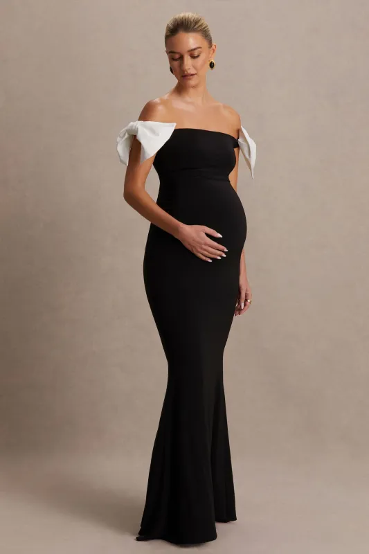 Didi | Black & White Bardot Bow Detail Maternity Maxi Dress sold by Club L London