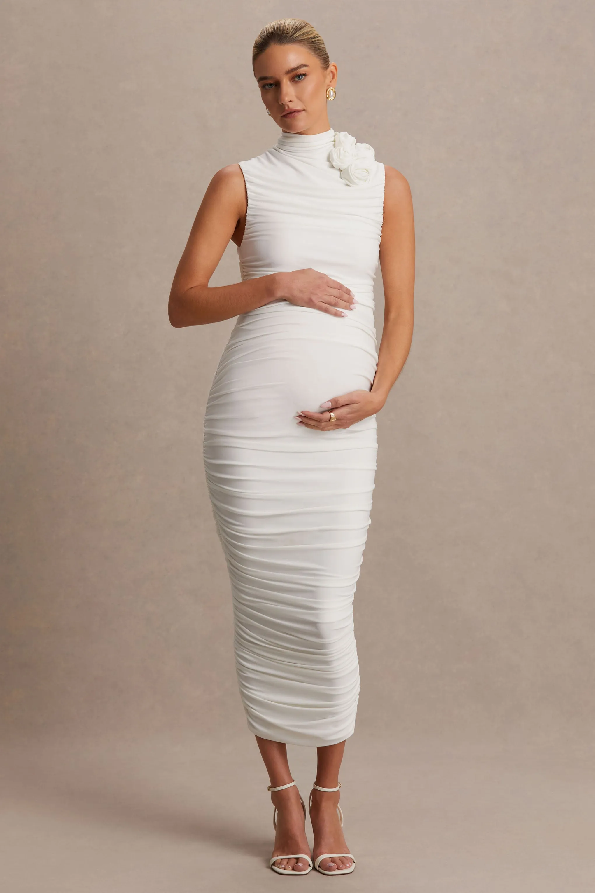 Shellie | White High-Neck Maternity Midi Dress With Corsage Detail sold by Club L London product image thumbnail 4