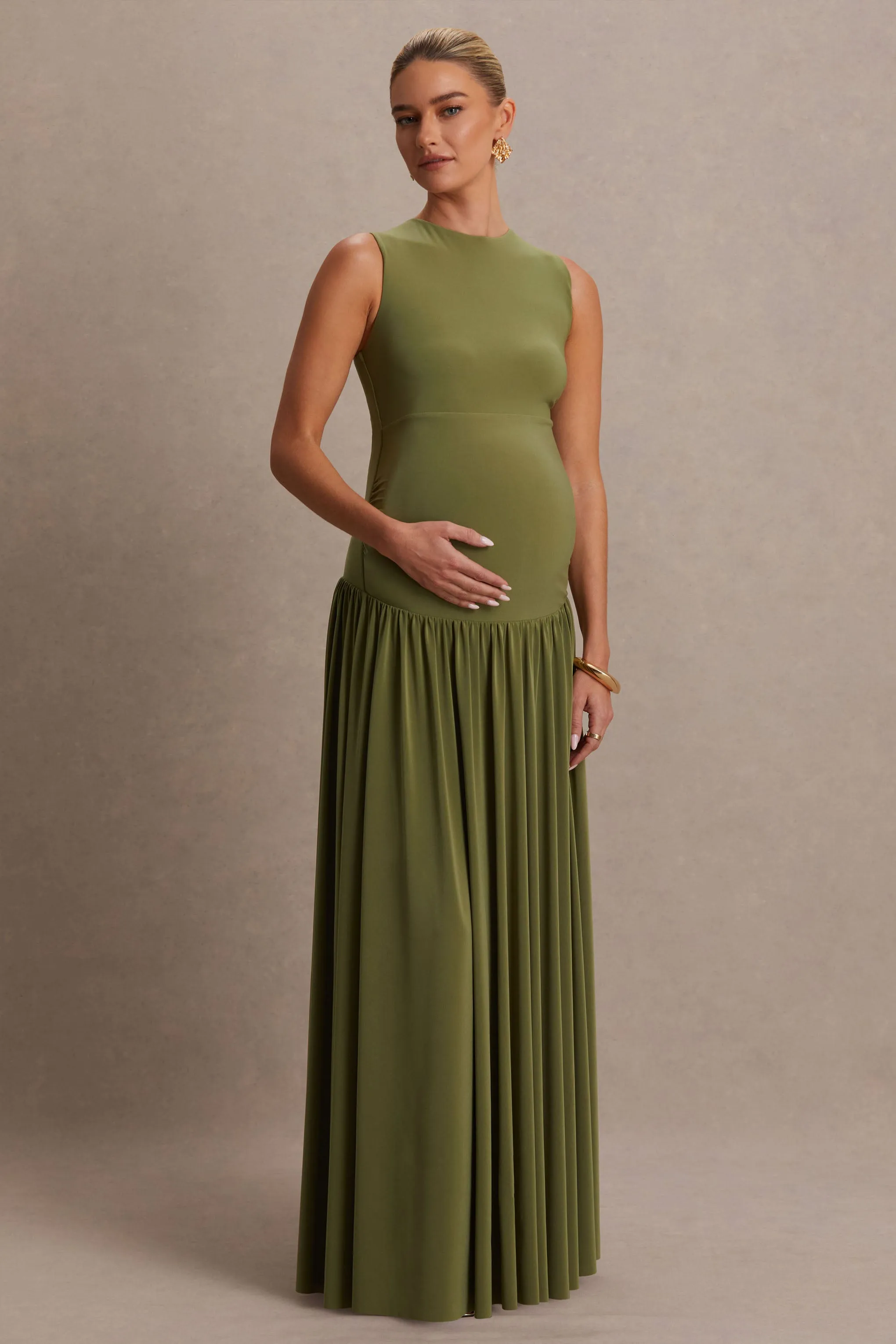 Outline | Olive High-Neck Maternity Maxi Dress With Draped Skirt sold by Club L London