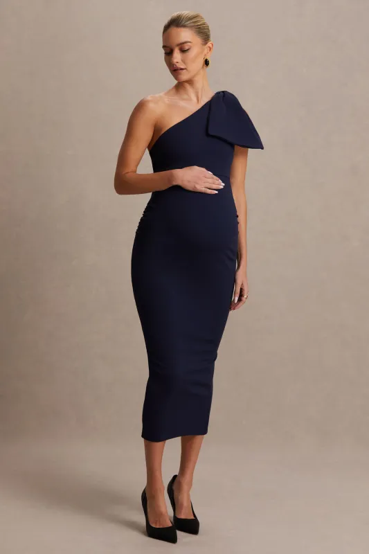Adorn | Navy Asymmetric Maternity Midi Dress With Shoulder Bow Detail sold by Club L London
