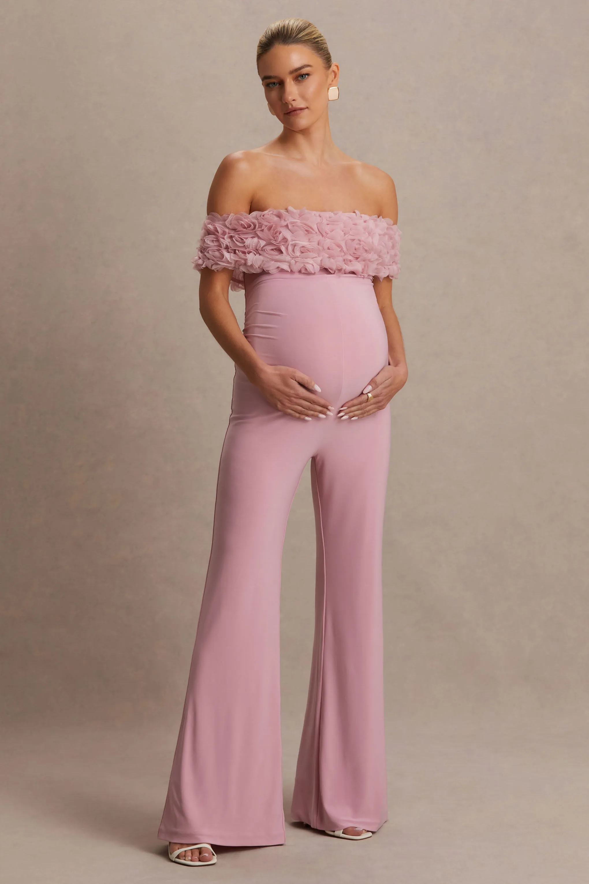Sallow | Pink Floral Bardot Maternity Jumpsuit sold by Club L London