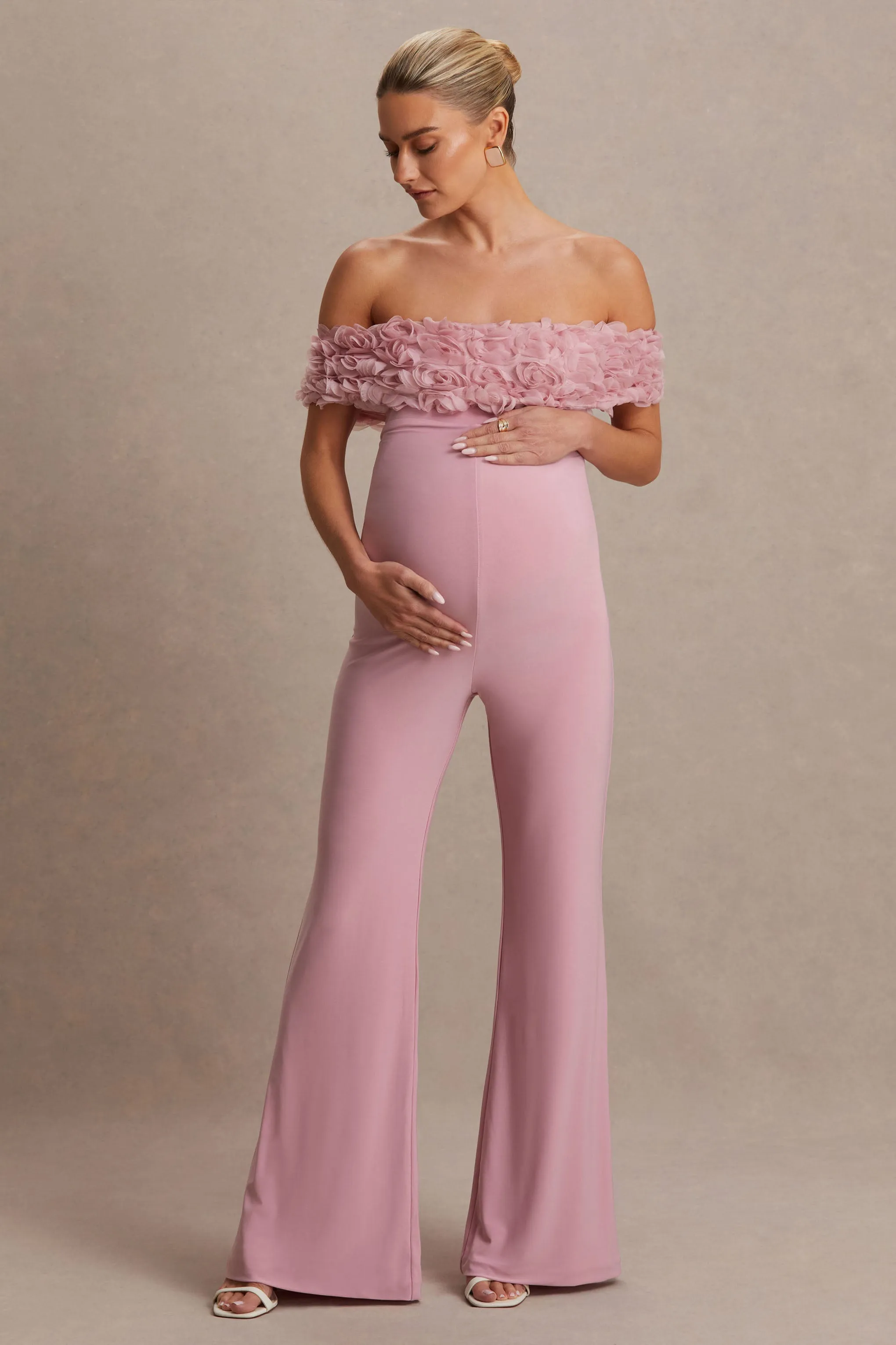 Sallow | Pink Floral Bardot Maternity Jumpsuit sold by Club L London product image thumbnail 5