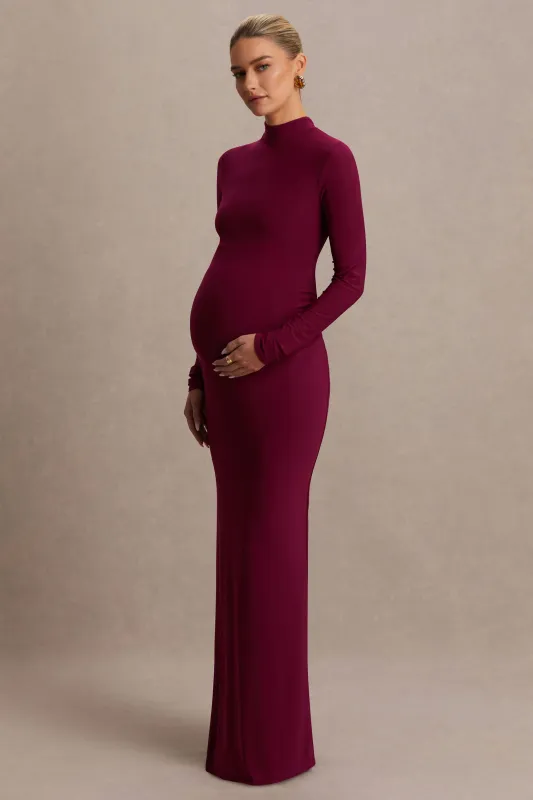 Alejandra | Burgundy Maternity Long Sleeve High Neck Maxi Dress sold by Club L London