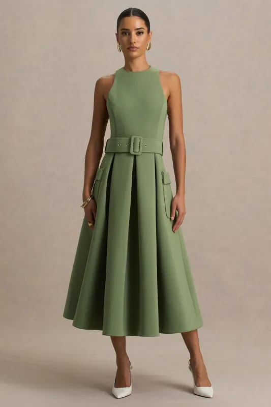 Elisia | Olive Crew-Neck Belted Midi Dress sold by Club L London