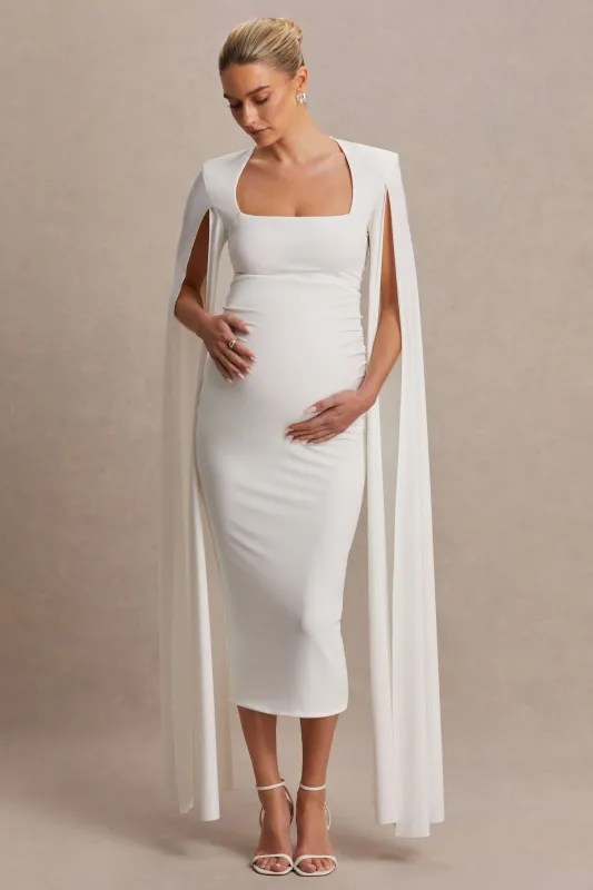Flawless | White Square-Neck Maternity Midi Dress With Cape-Sleeves sold by Club L London