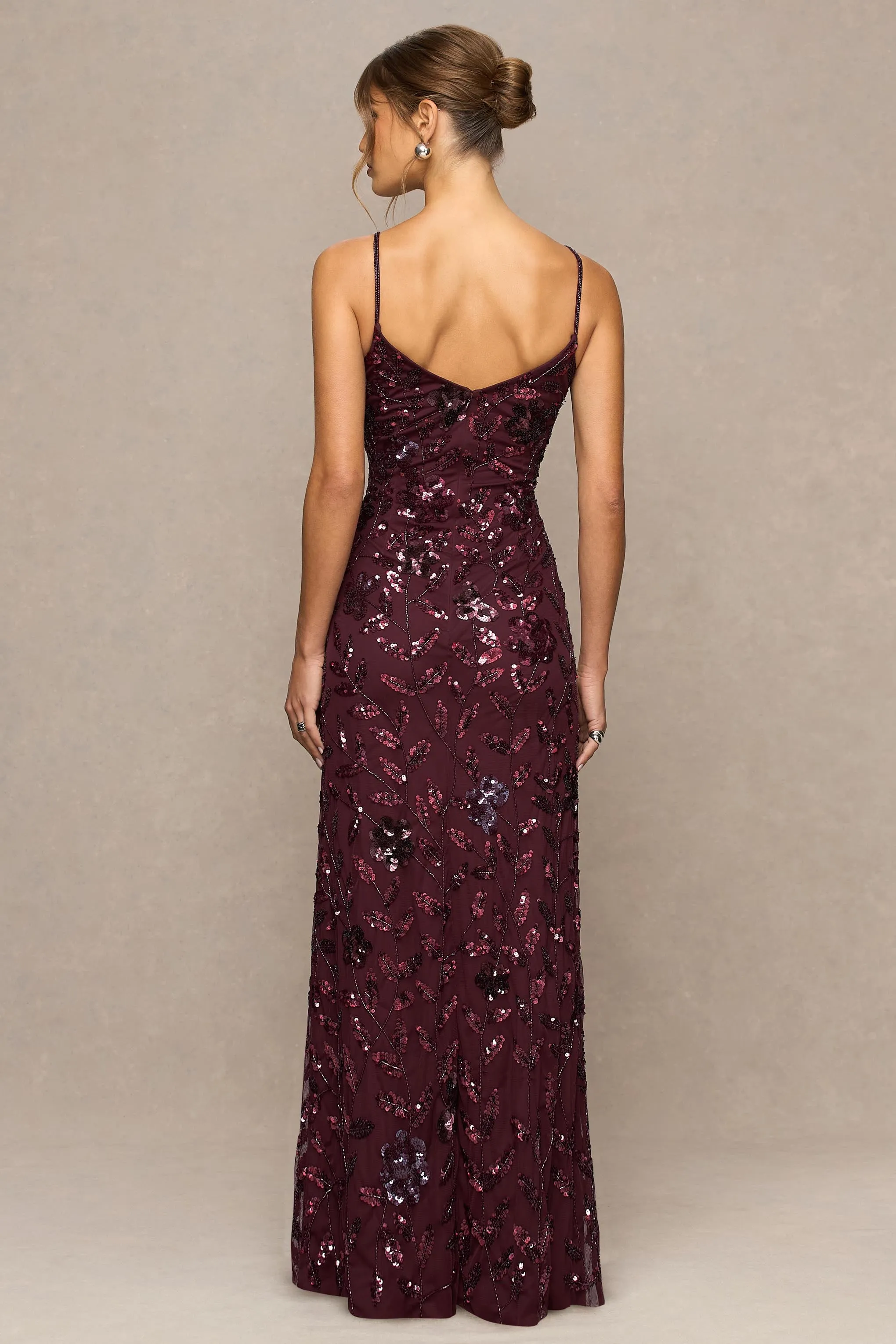 Gemini | Burgundy Floral Sequin Embellished Strappy Maxi Dress sold by Club L London product image thumbnail 2