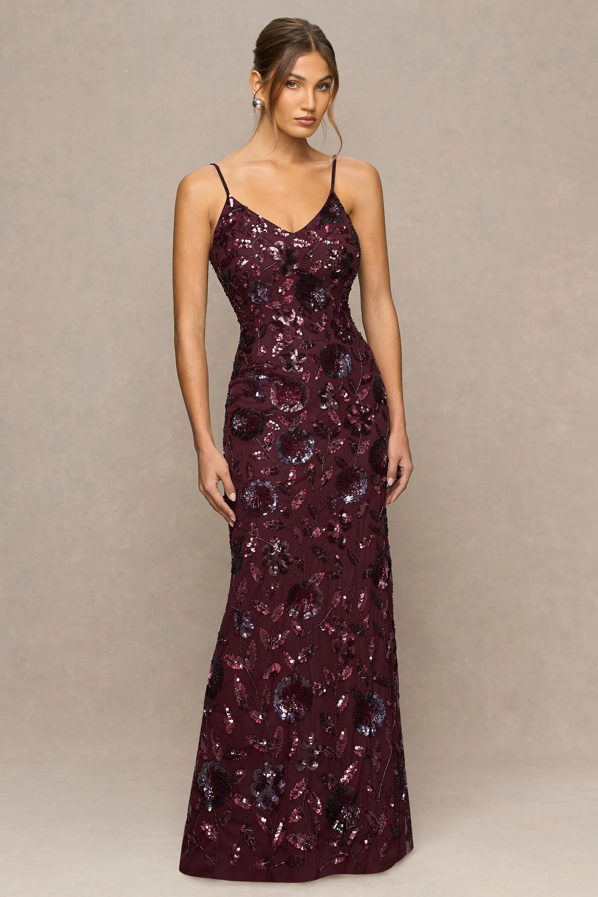 Gemini | Burgundy Floral Sequin Embellished Strappy Maxi Dress sold by Club L London product image thumbnail 3