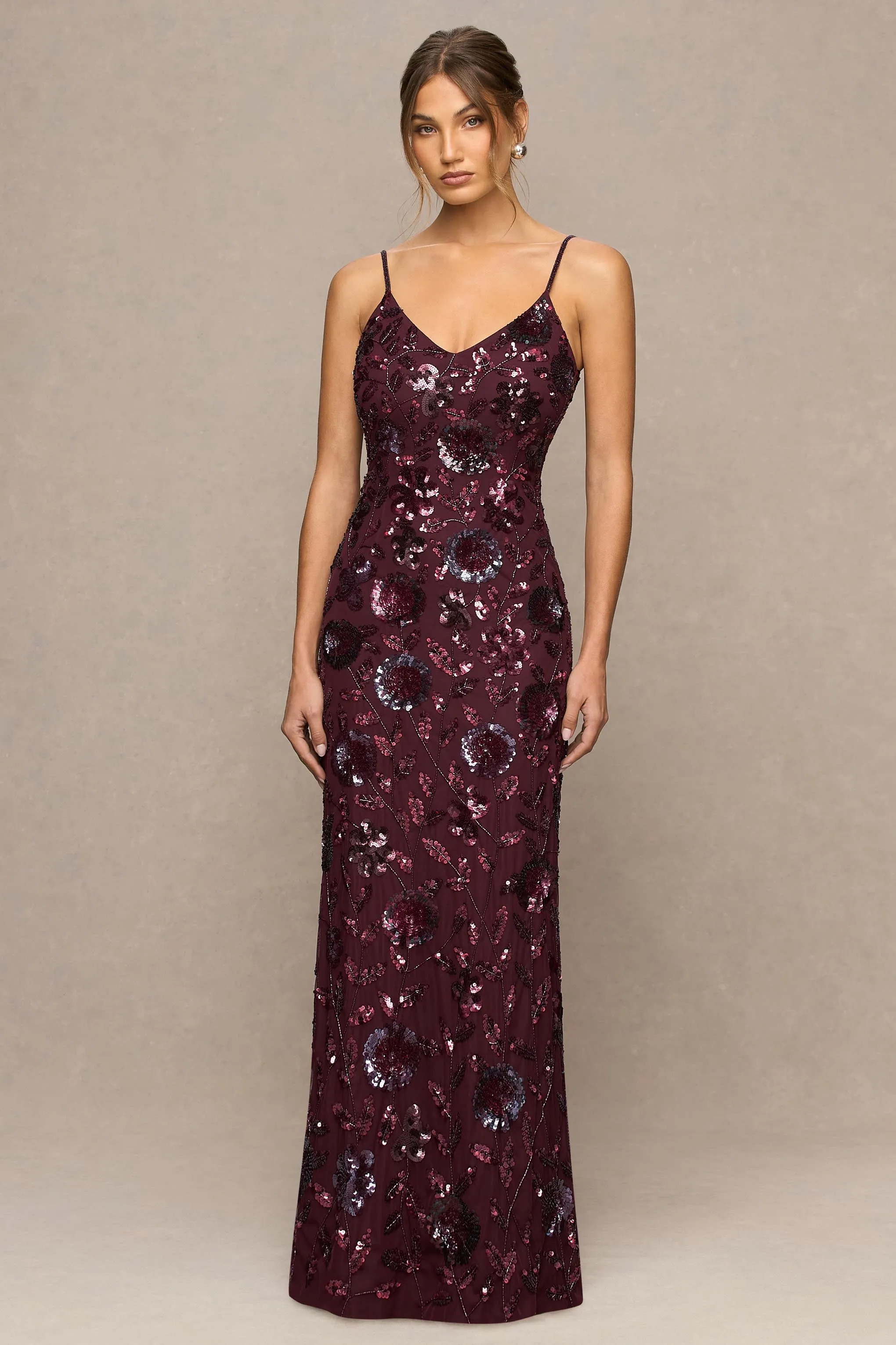 Gemini | Burgundy Floral Sequin Embellished Strappy Maxi Dress sold by Club L London product image thumbnail 4