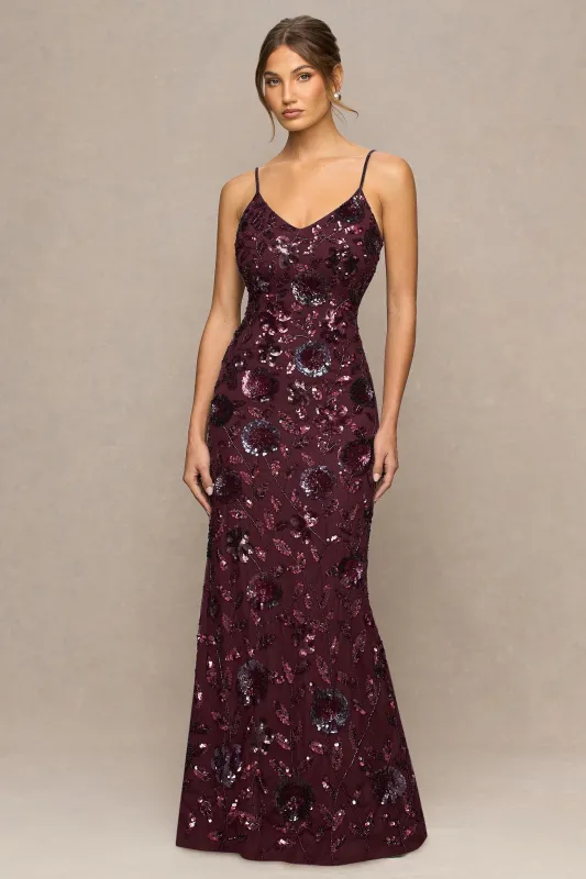 Gemini | Burgundy Floral Sequin Embellished Strappy Maxi Dress sold by Club L London