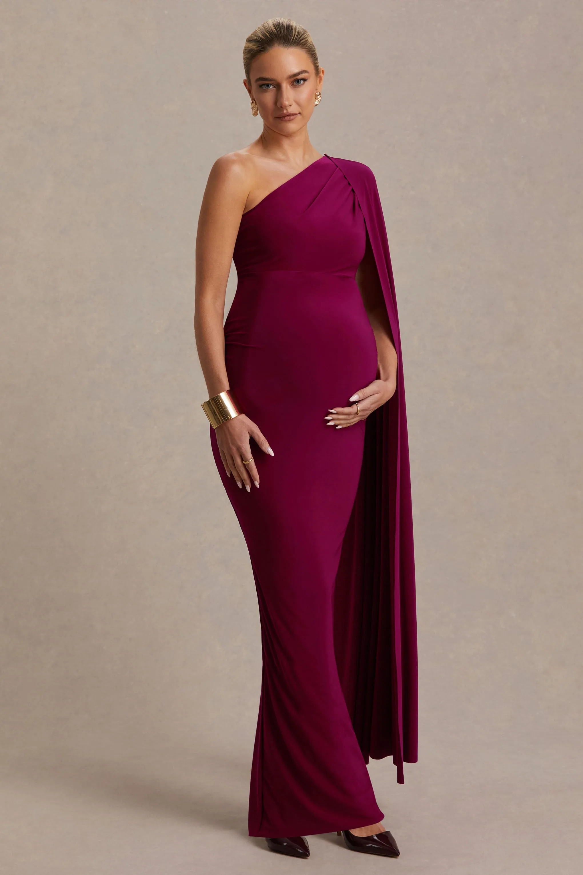 Amaryllis | Berry Maternity One Shoulder Maxi Dress with Cape Sleeve sold by Club L London product image thumbnail 4