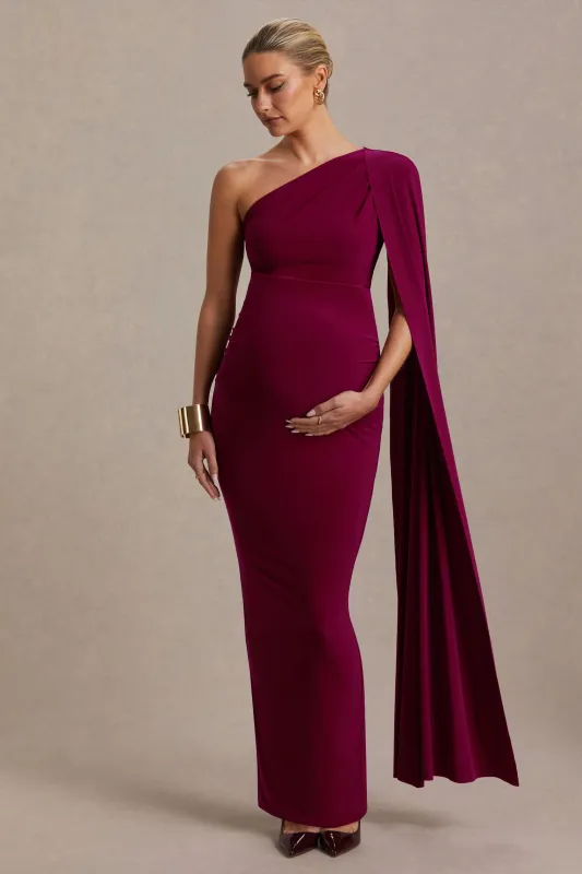 Amaryllis | Berry Maternity One Shoulder Maxi Dress with Cape Sleeve sold by Club L London