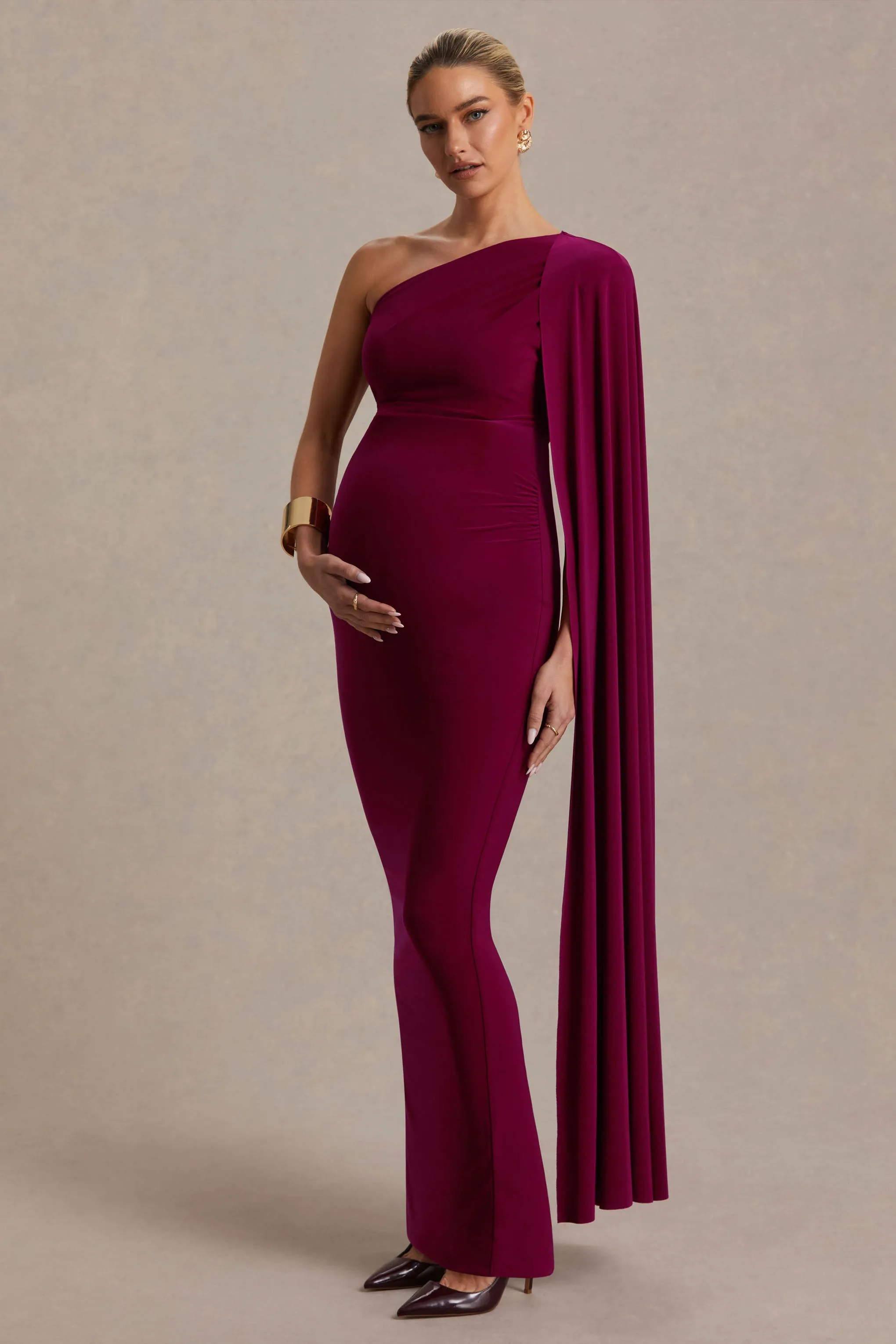 Amaryllis | Berry Maternity One Shoulder Maxi Dress with Cape Sleeve sold by Club L London product image thumbnail 5