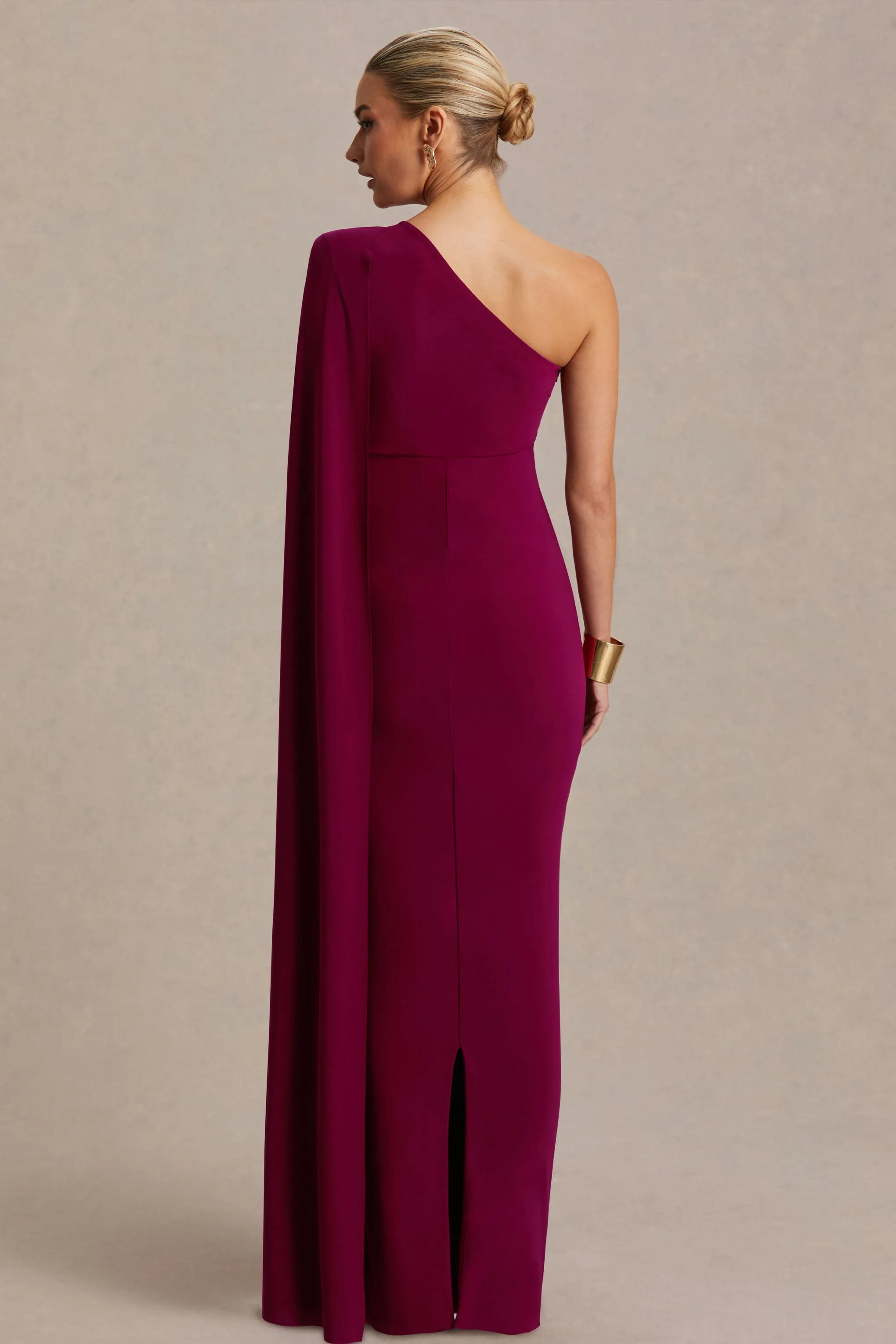 Amaryllis | Berry Maternity One Shoulder Maxi Dress with Cape Sleeve sold by Club L London product image thumbnail 2