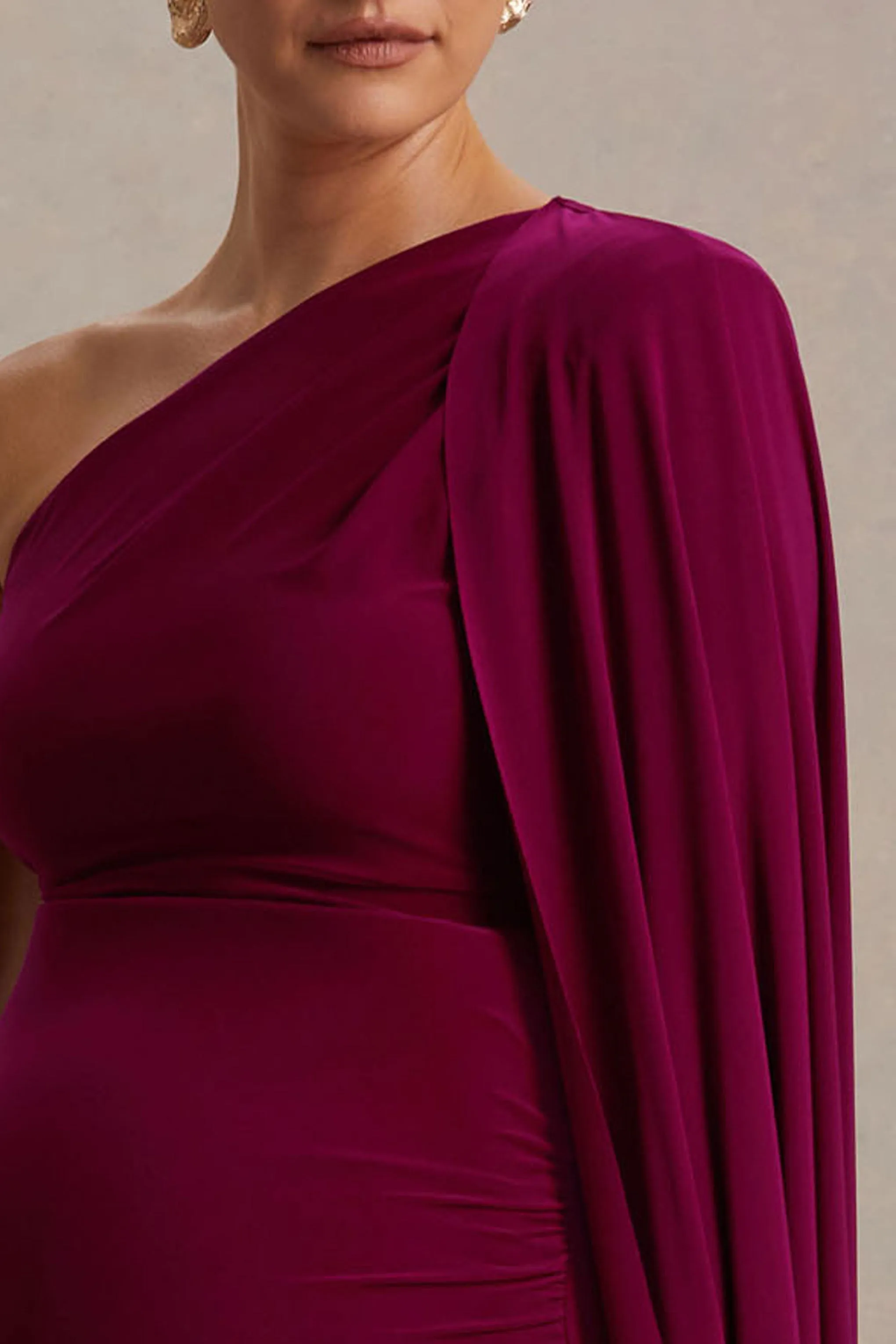 Amaryllis | Berry Maternity One Shoulder Maxi Dress with Cape Sleeve sold by Club L London product image thumbnail 3