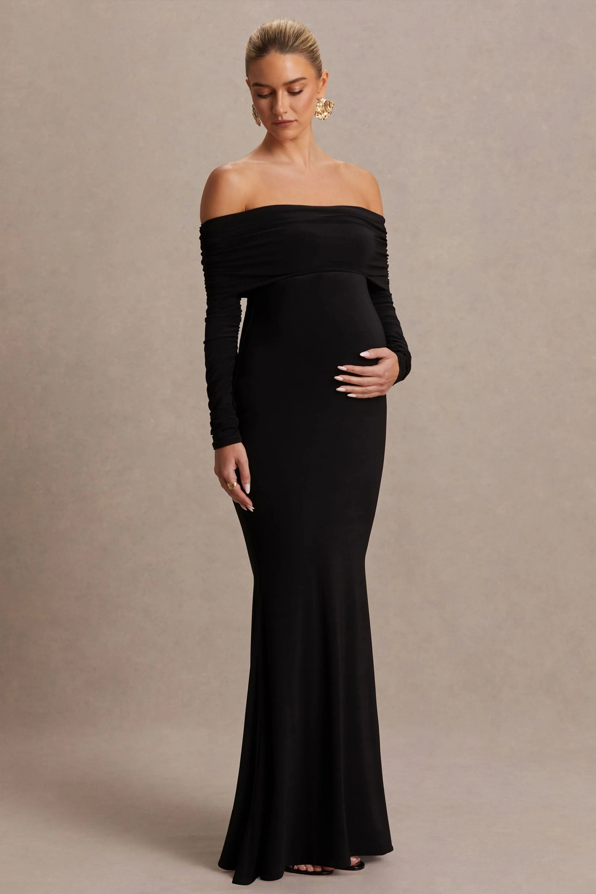 Pretty Perfect | Black Maternity Bardot-Neck Maxi Dress sold by Club L London product image thumbnail 4