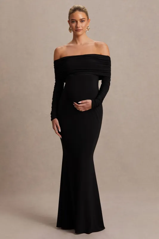 Pretty Perfect | Black Maternity Bardot-Neck Maxi Dress sold by Club L London