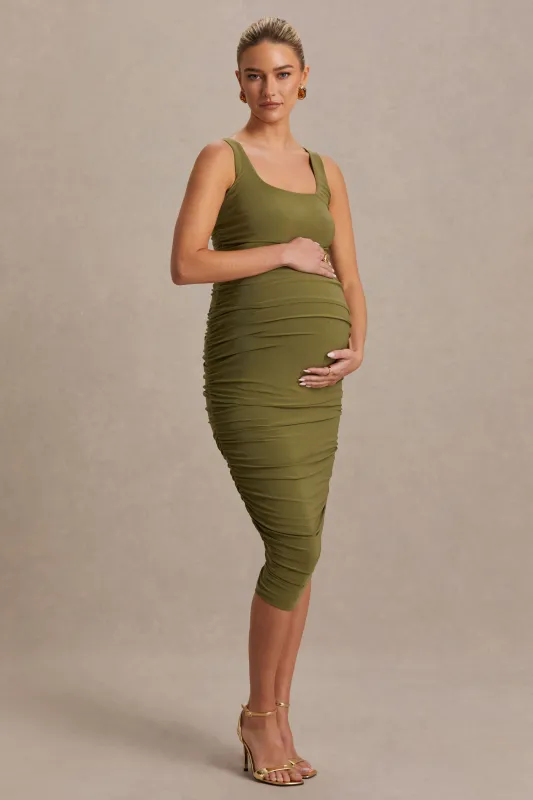Lisbon | Olive Maternity Square Neck Ruched Midi Dress sold by Club L London