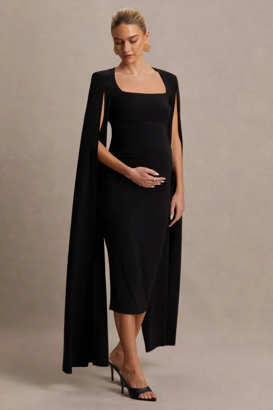 Flawless | Black Square-Neck Maternity Midi Dress With Cape-Sleeves sold by Club L London