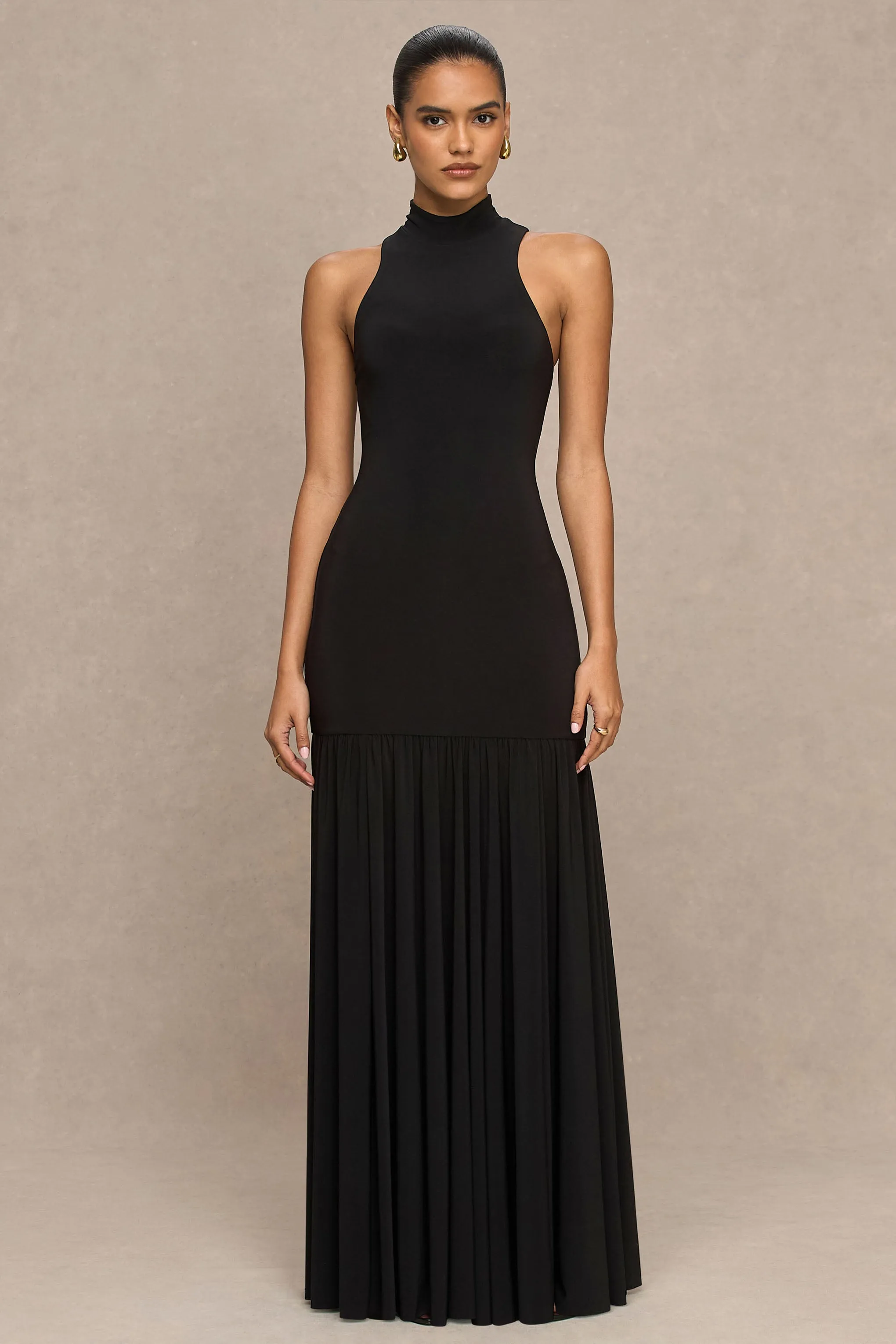 Tasmin | Black High-Neck Maxi Dress With Drop-Waist sold by Club L London