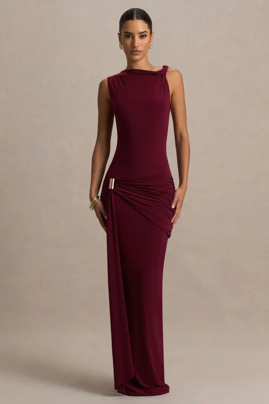 Decadence | Burgundy High-Neck Wrapped Maxi Dress With Twist-Sleeve sold by Club L London