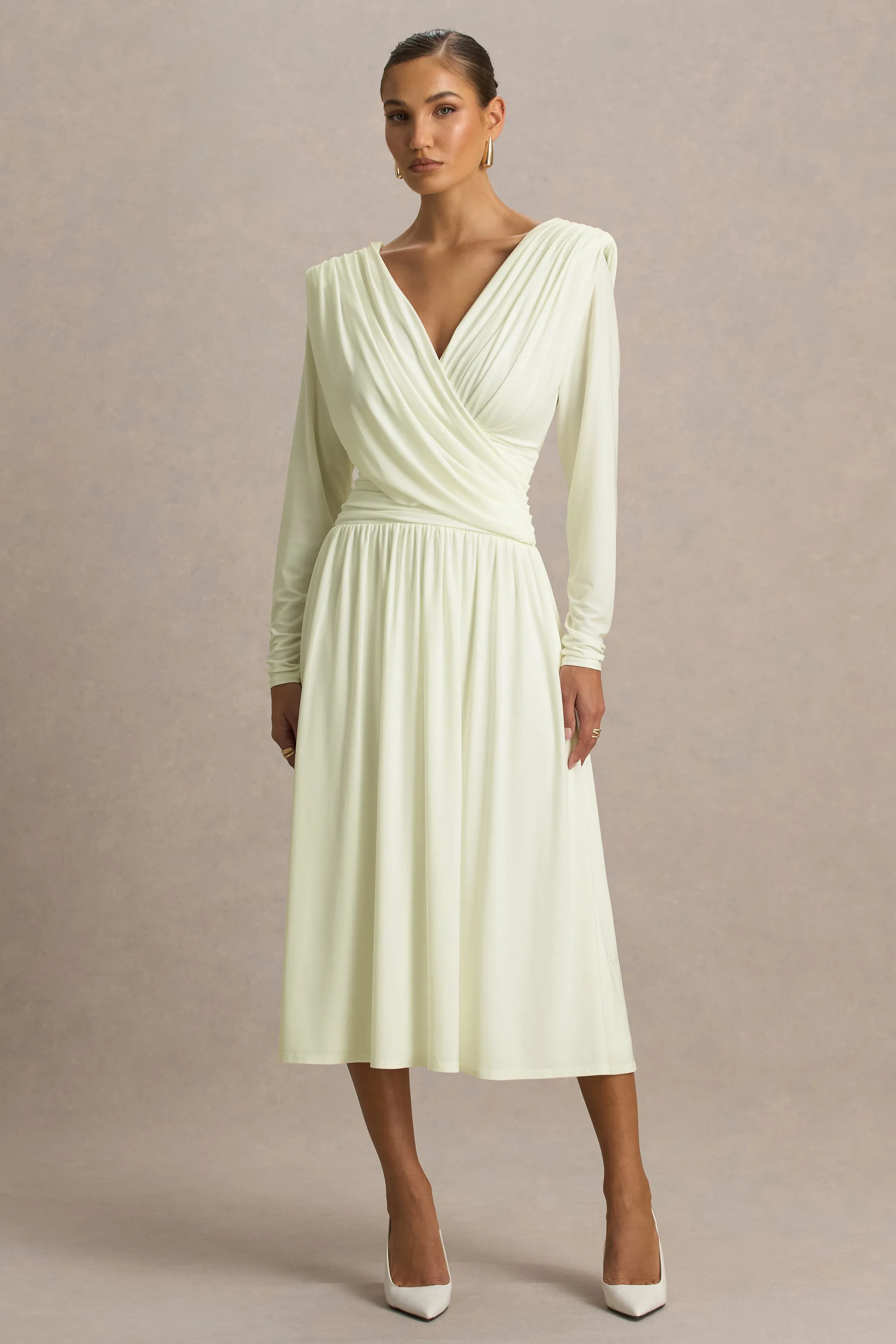 Alexis | Cream Plunge-Neck Midi Dress With Draped And Ruched Detailing sold by Club L London product image thumbnail 3