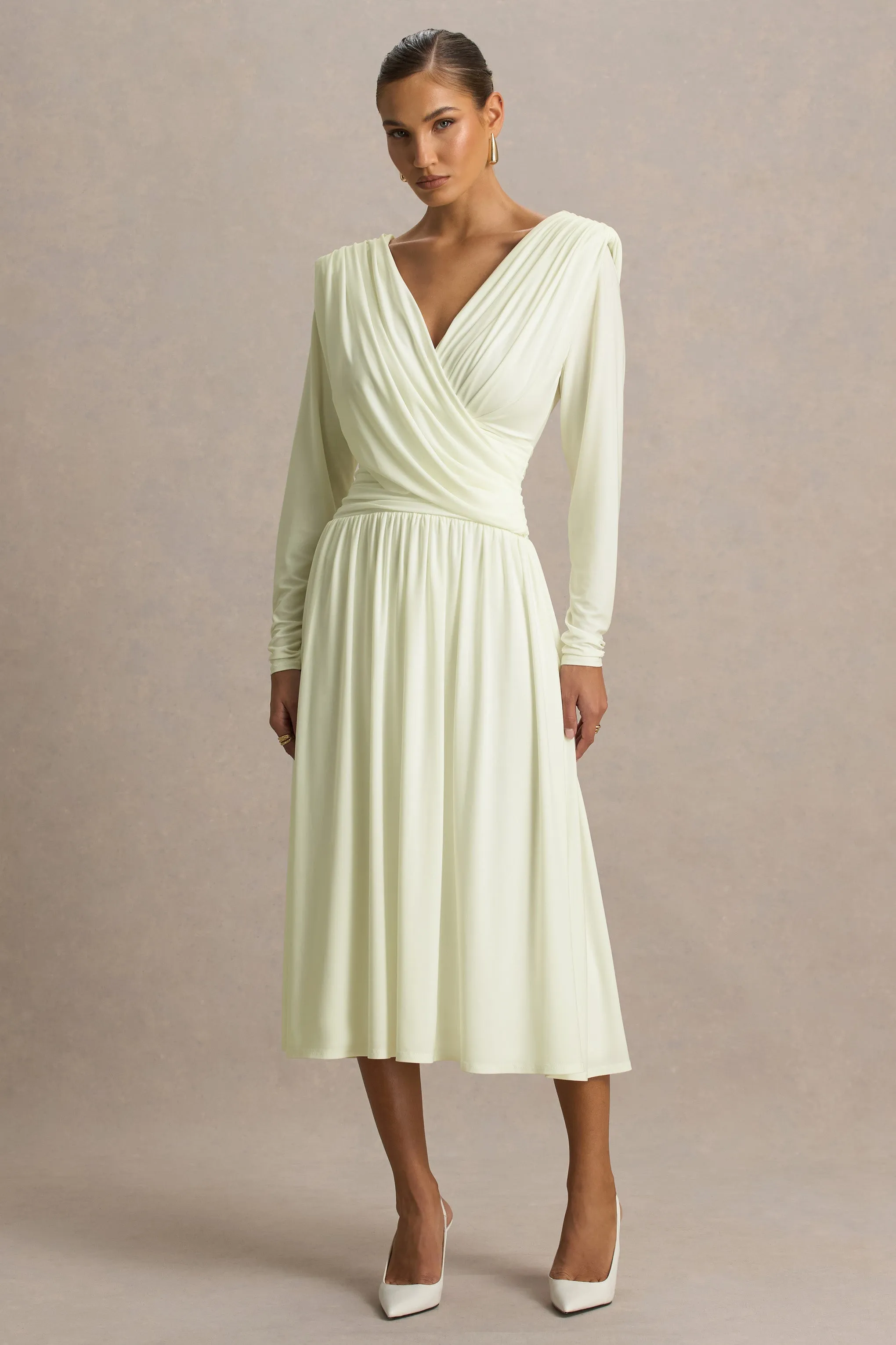 Alexis | Cream Plunge-Neck Midi Dress With Draped And Ruched Detailing sold by Club L London
