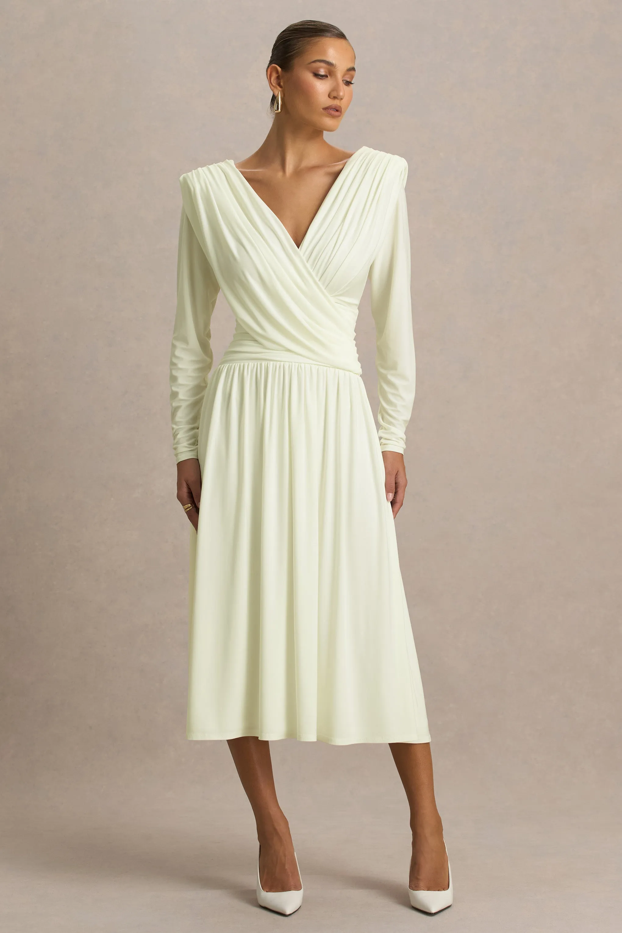 Alexis | Cream Plunge-Neck Midi Dress With Draped And Ruched Detailing sold by Club L London product image thumbnail 5