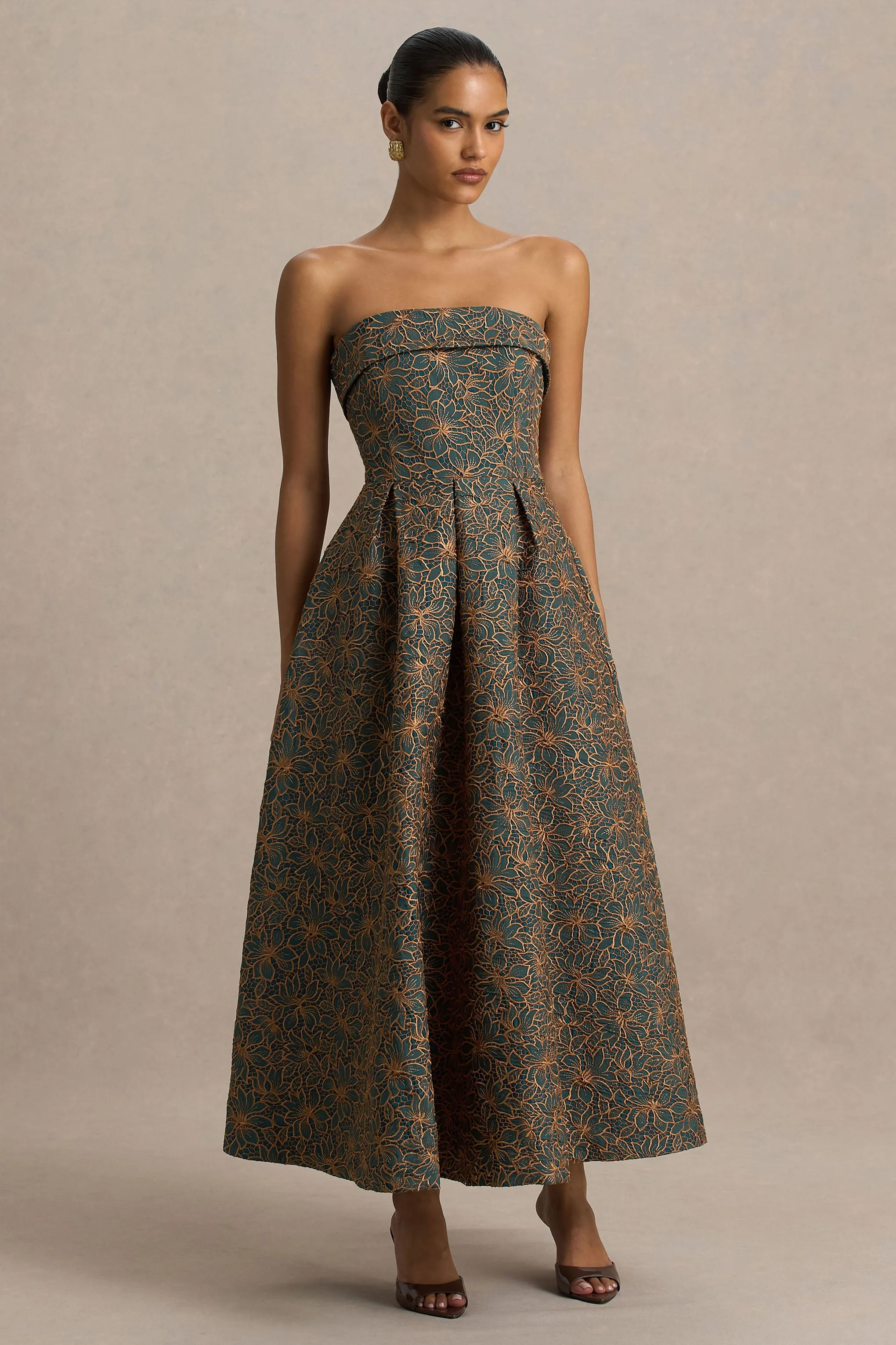 Loretta | Dark Green And Rust Embroidered Bandeau-Neck Midi Dress sold by Club L London product image thumbnail 4