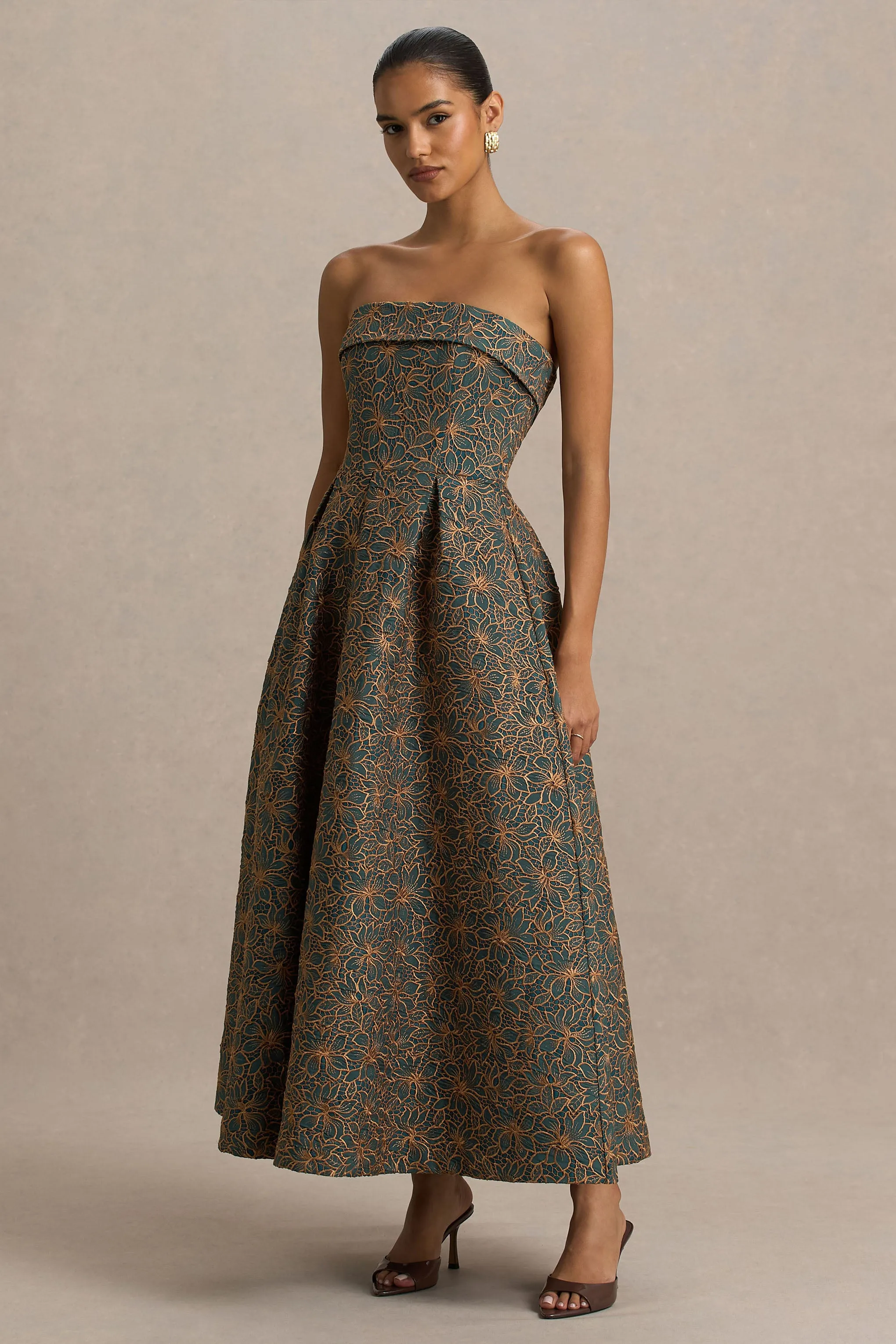 Loretta | Dark Green And Rust Embroidered Bandeau-Neck Midi Dress sold by Club L London product image thumbnail 5