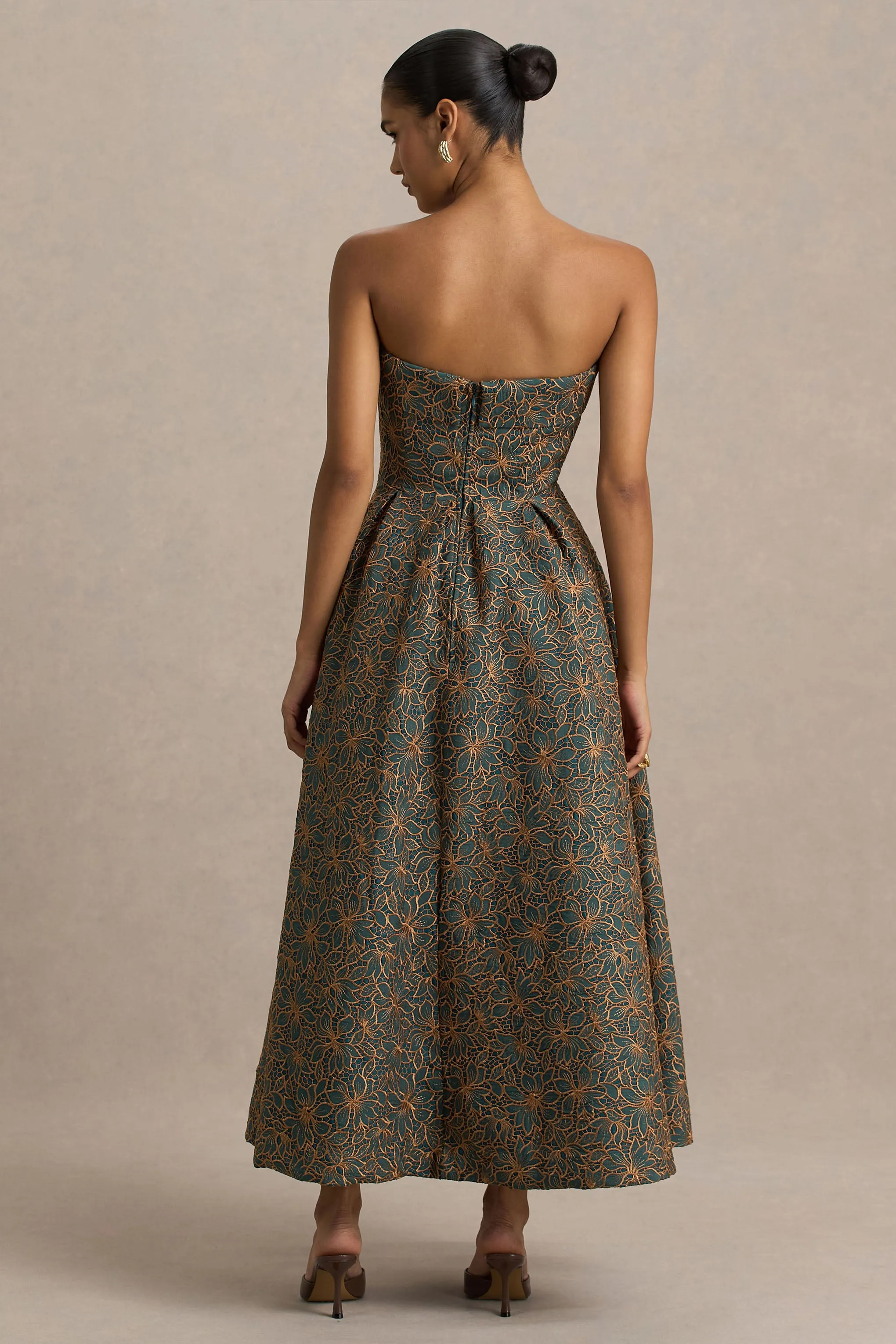 Loretta | Dark Green And Rust Embroidered Bandeau-Neck Midi Dress sold by Club L London product image thumbnail 2