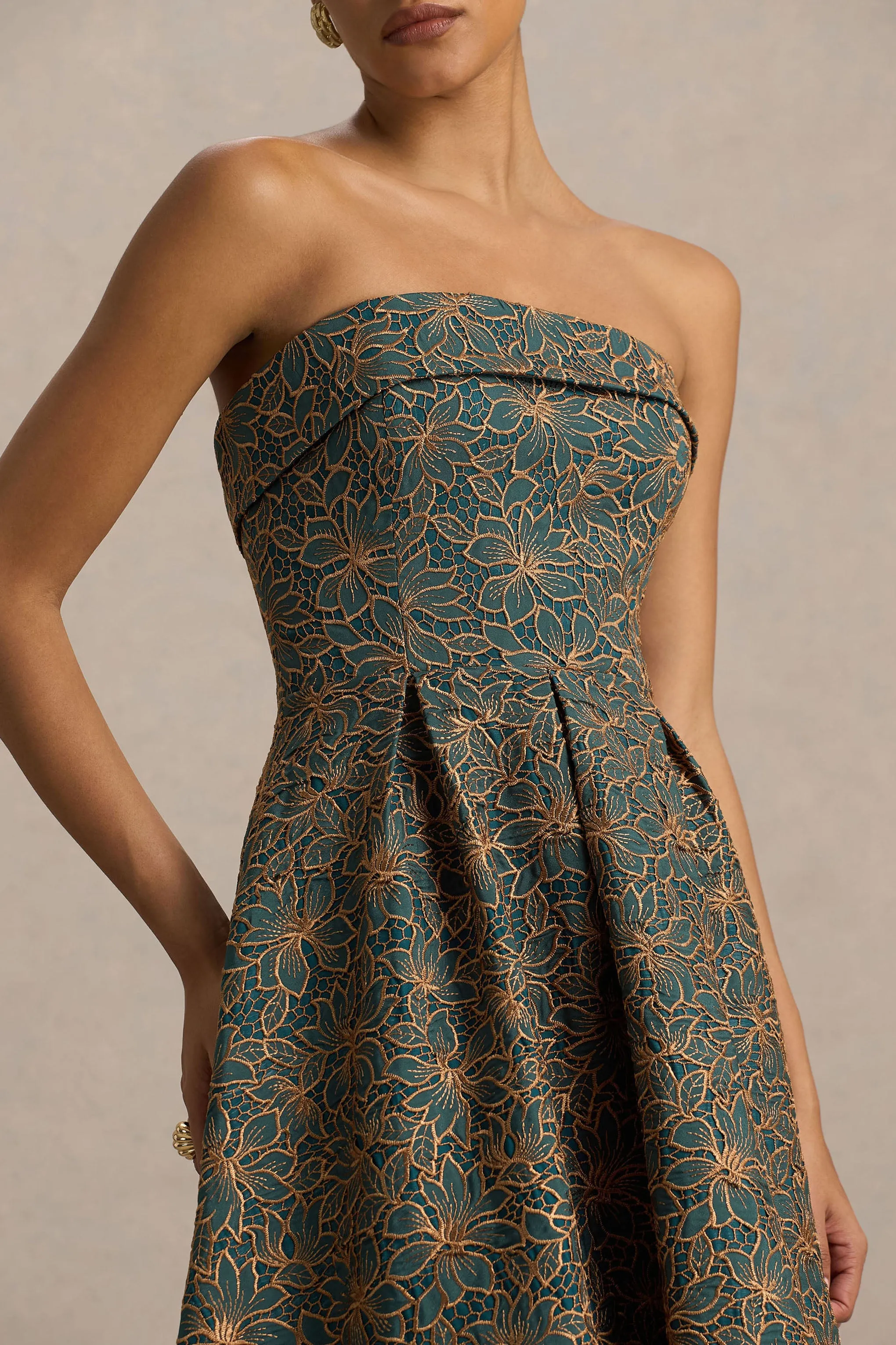 Loretta | Dark Green And Rust Embroidered Bandeau-Neck Midi Dress sold by Club L London product image thumbnail 3
