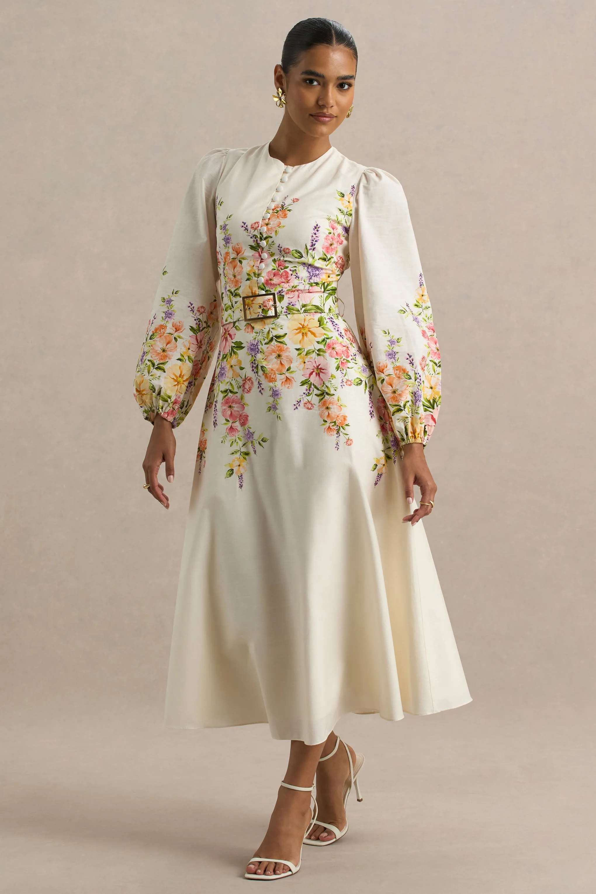 Dahlia | White Floral Border Print High-Neck Midi Dress sold by Club L London product image thumbnail 3